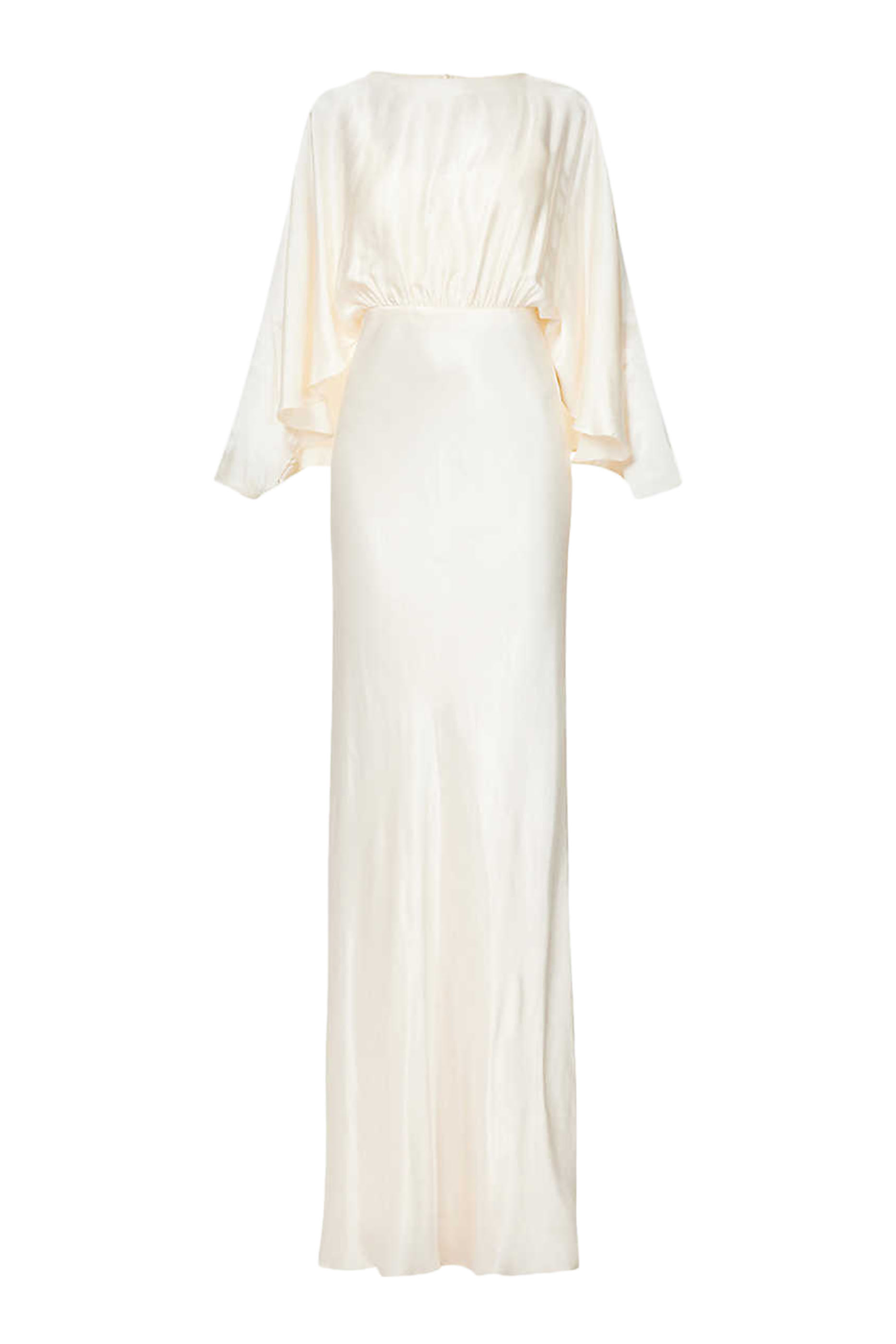 فستان لا لون طويل بأكمام مقوسة وظهر مفتوح