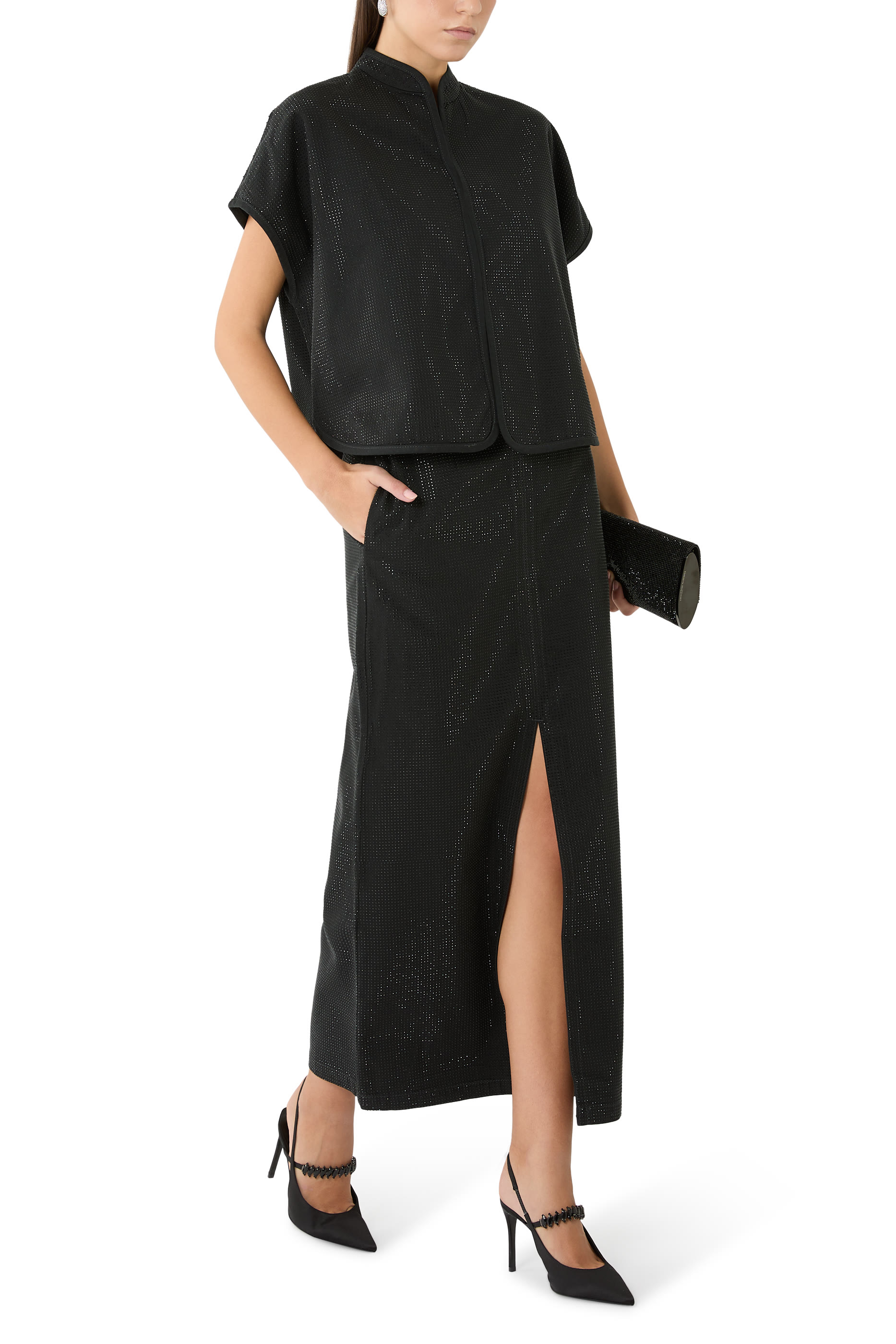 Long Drill Skirt with All-Over Micro Studs 