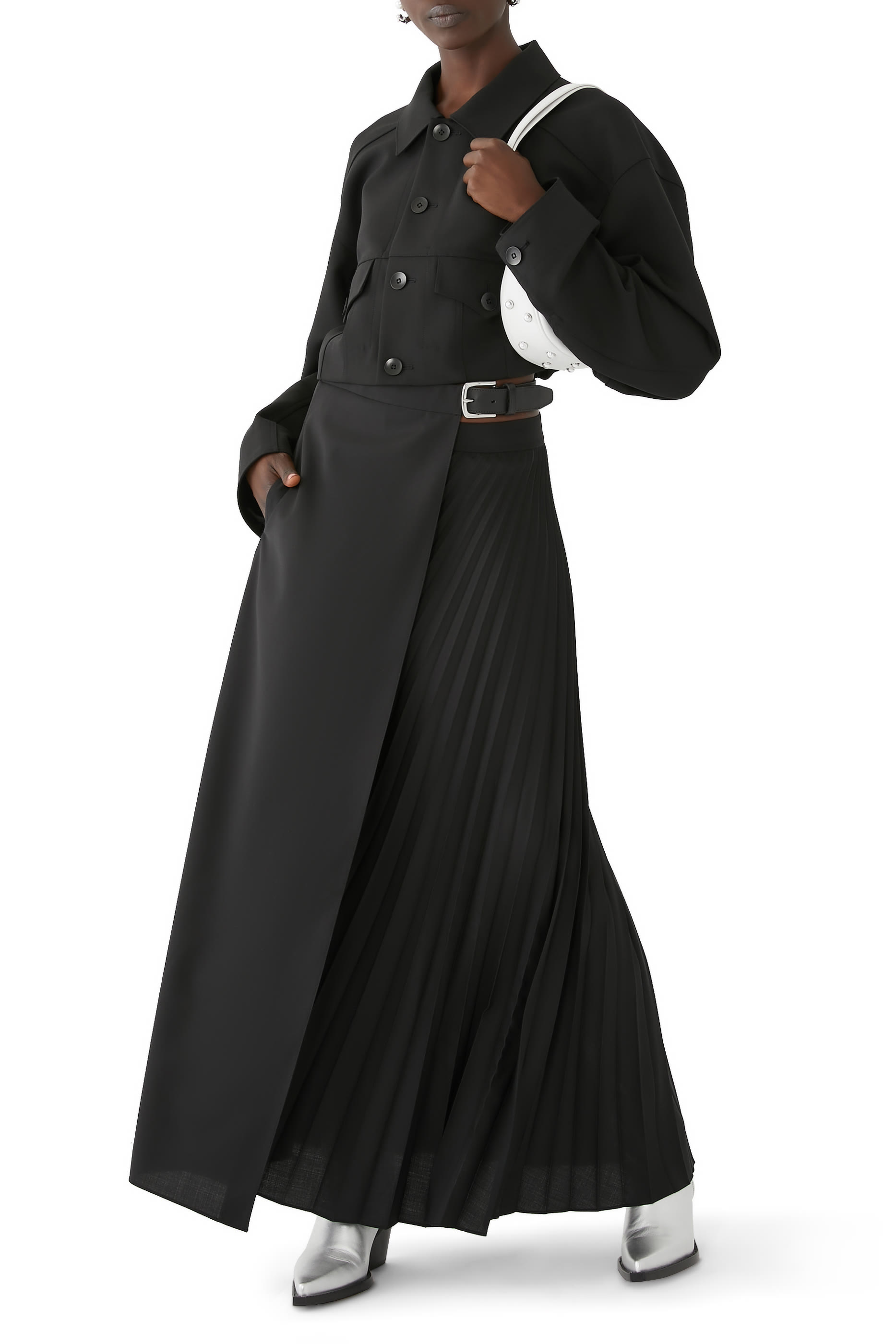 تنورة طويلة صوف استوائي بحزام جلد وطيات