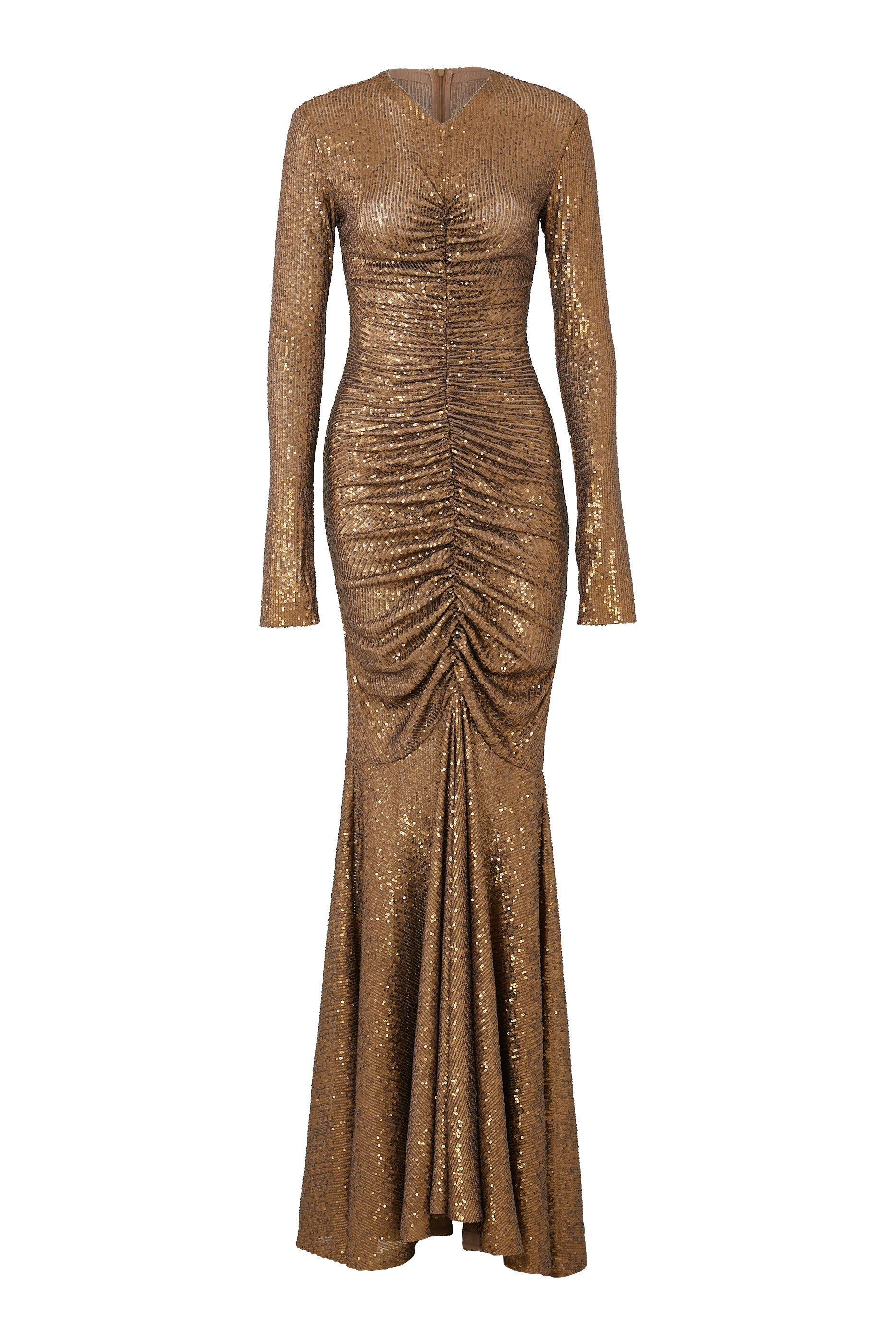 فستان سهرة بقصة ذيل السمكة بأكمام طويلة وياقة V وجزء أمامي مكشكش