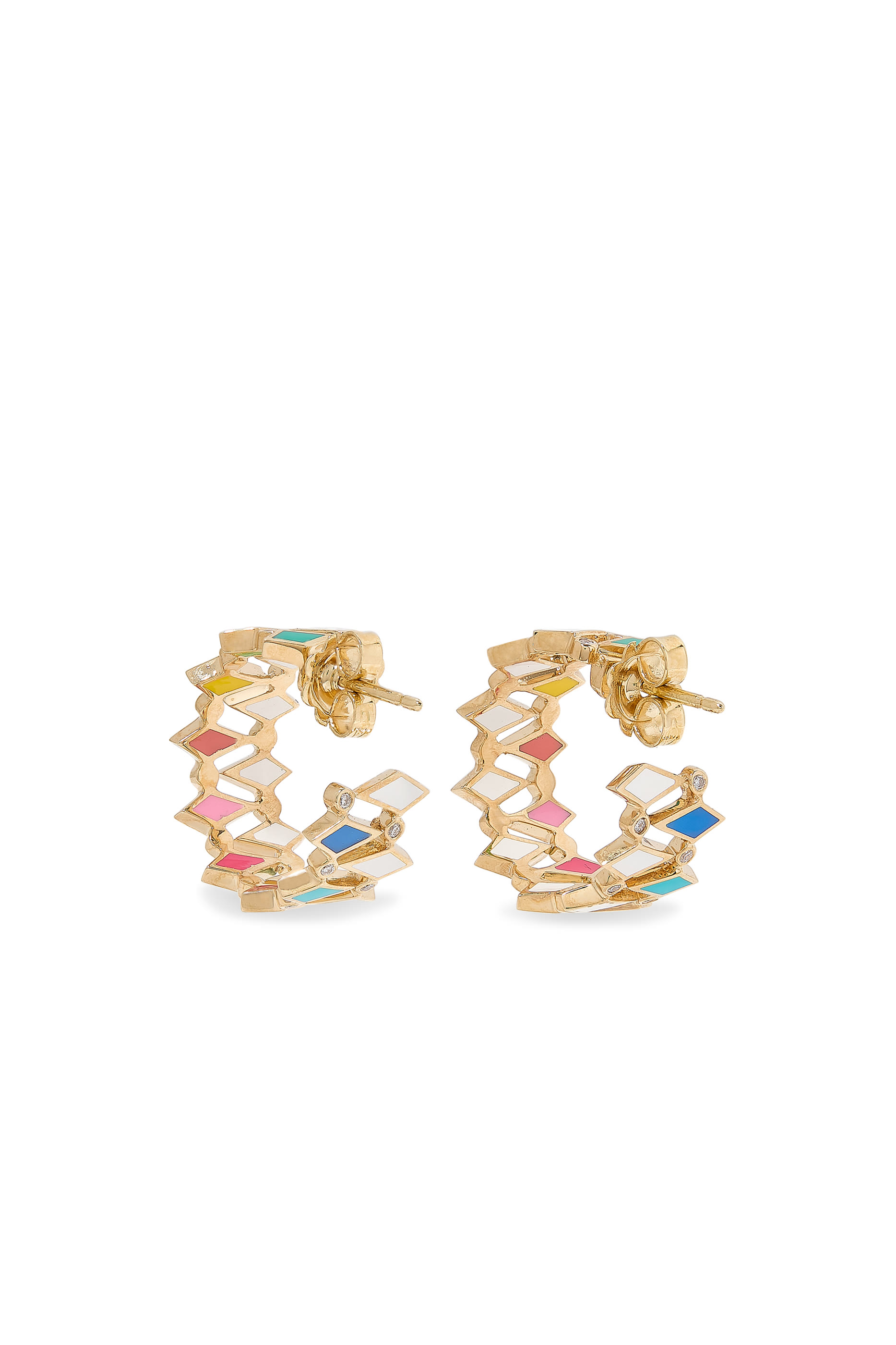 Mosaic Earrings, 18k Yellow Gold & Diamonds, Enamel