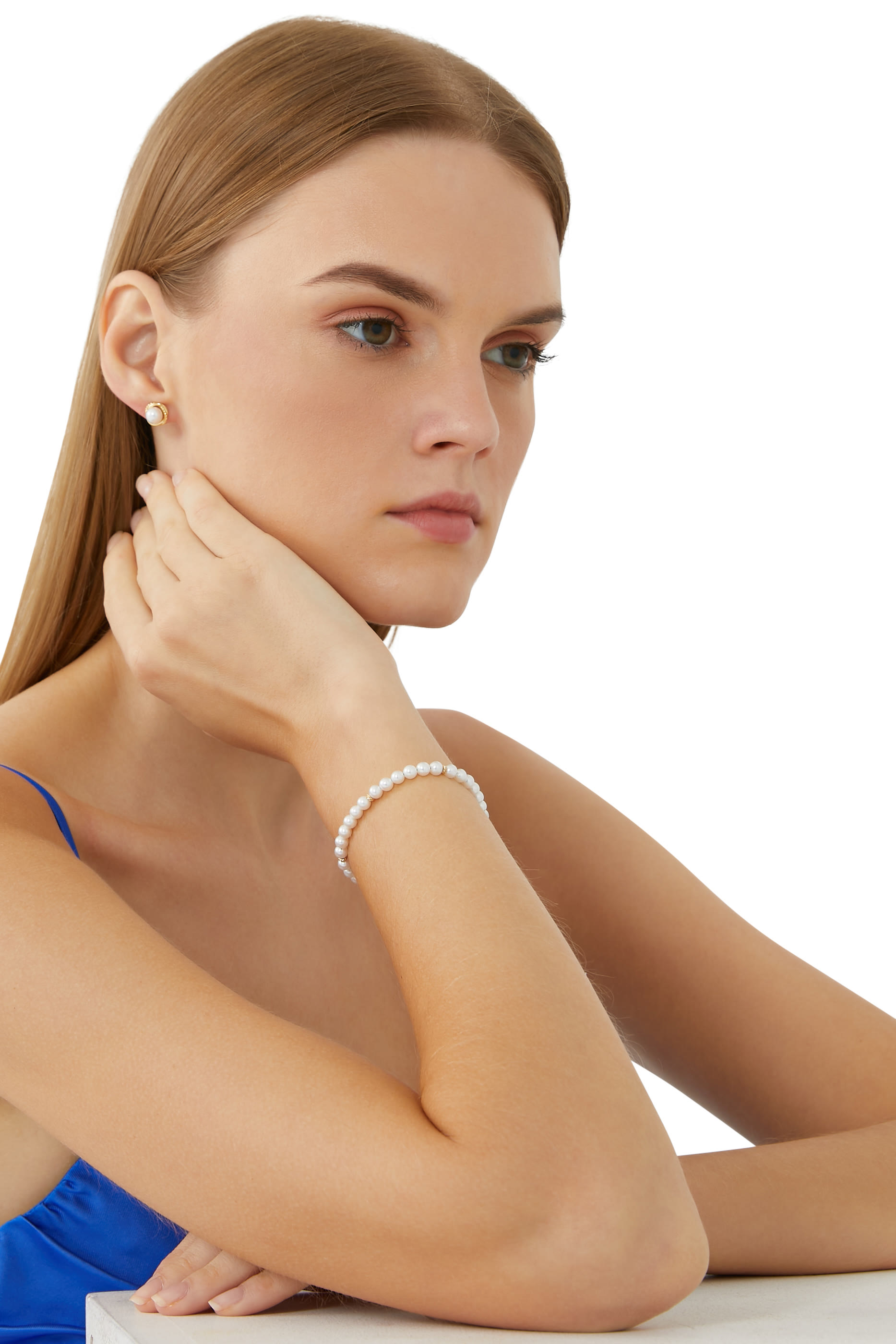 سوار بيجو بتصميم مسبحة مرصع بالخرز واللؤلؤ ذهب أصفر عيار 14