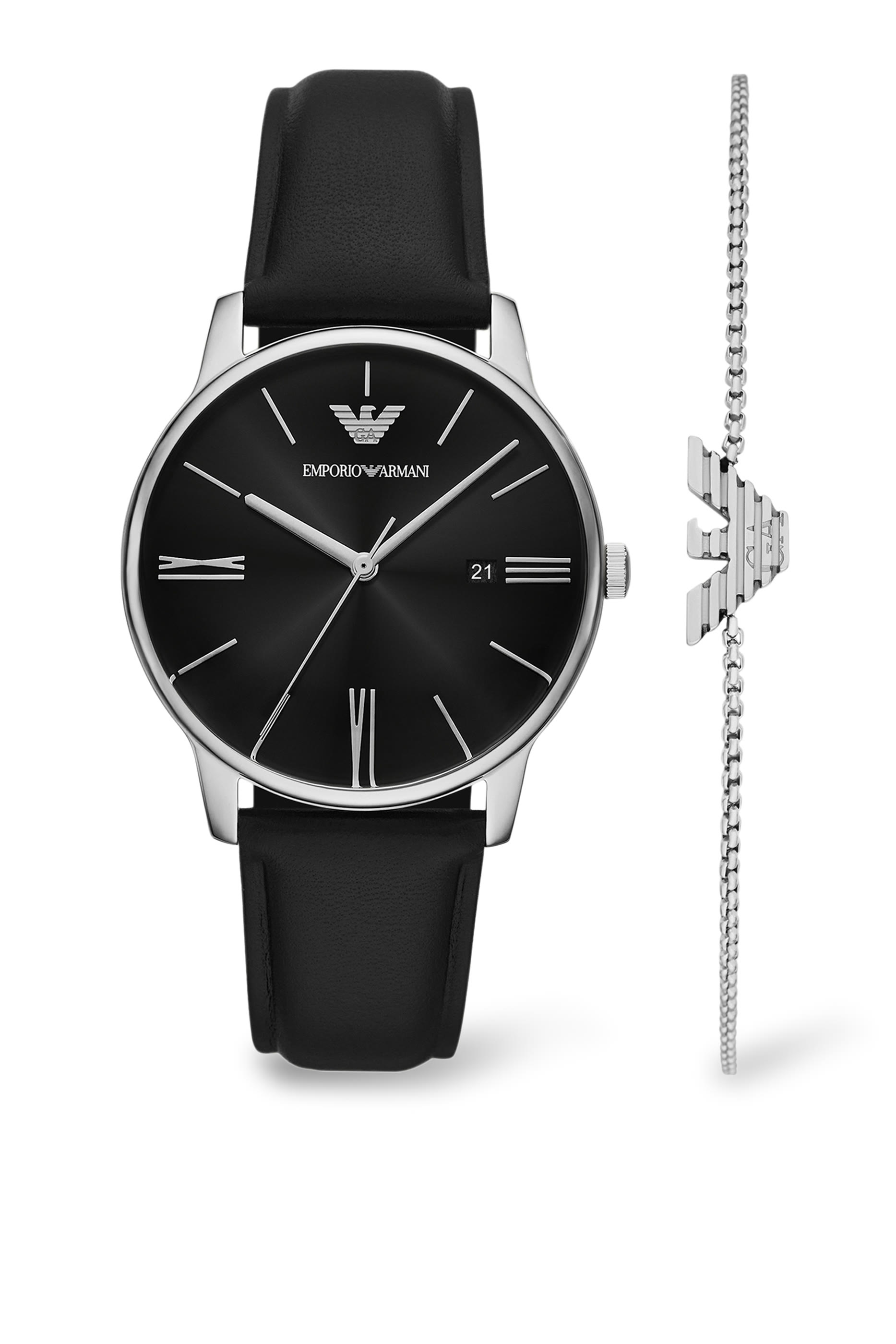 طقم ساعة جلد وسوار بشعار الماركة