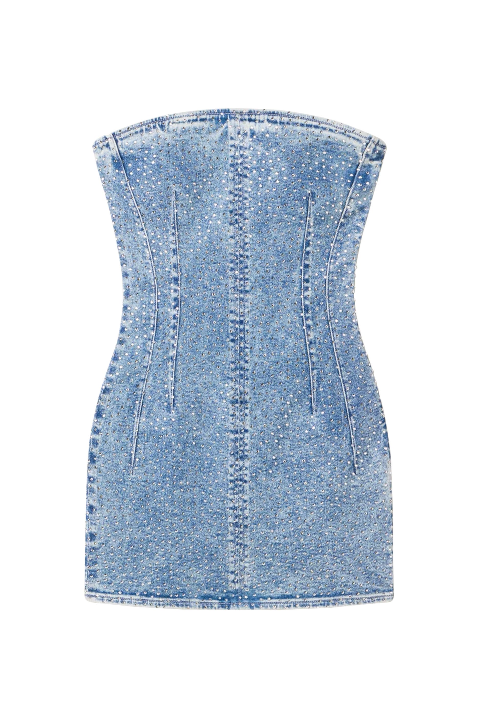 فستان قصير بلا حمالات مزين بكريستال