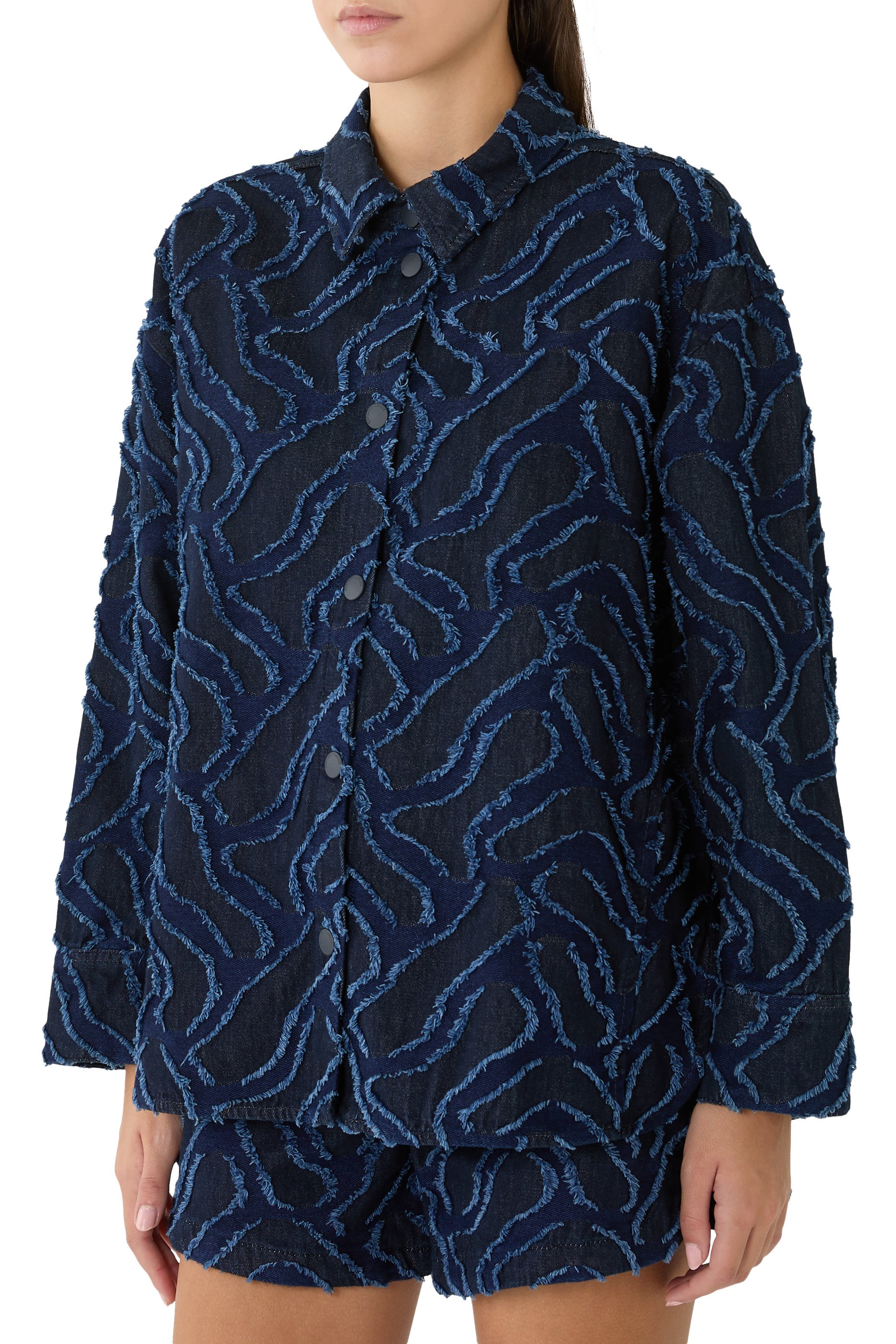  Fringed Embossed-Motif Jacquard Denim Shirt Jacket