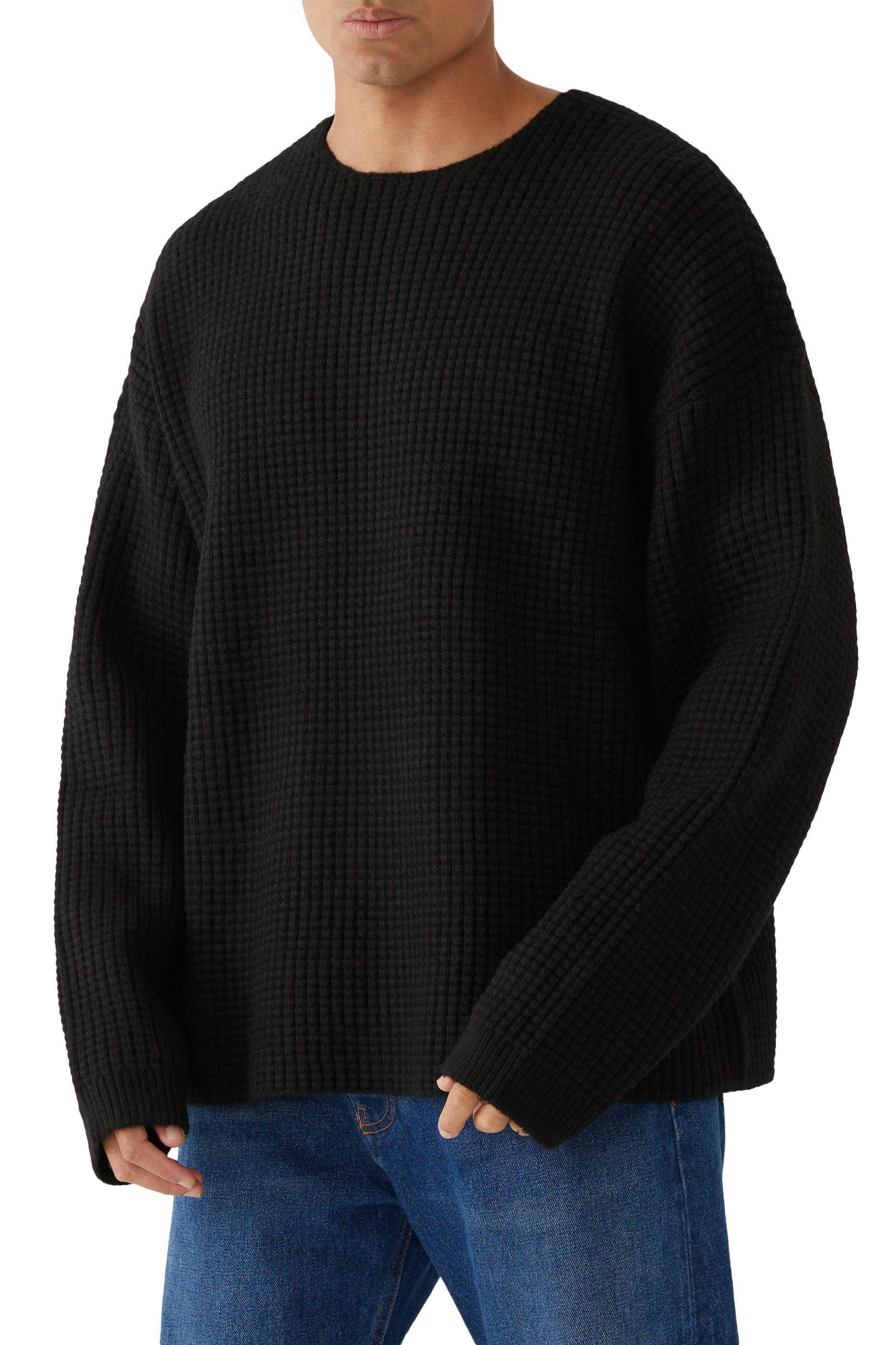 كنزة بياقة ضيقة نسيج متشابك ثقيل