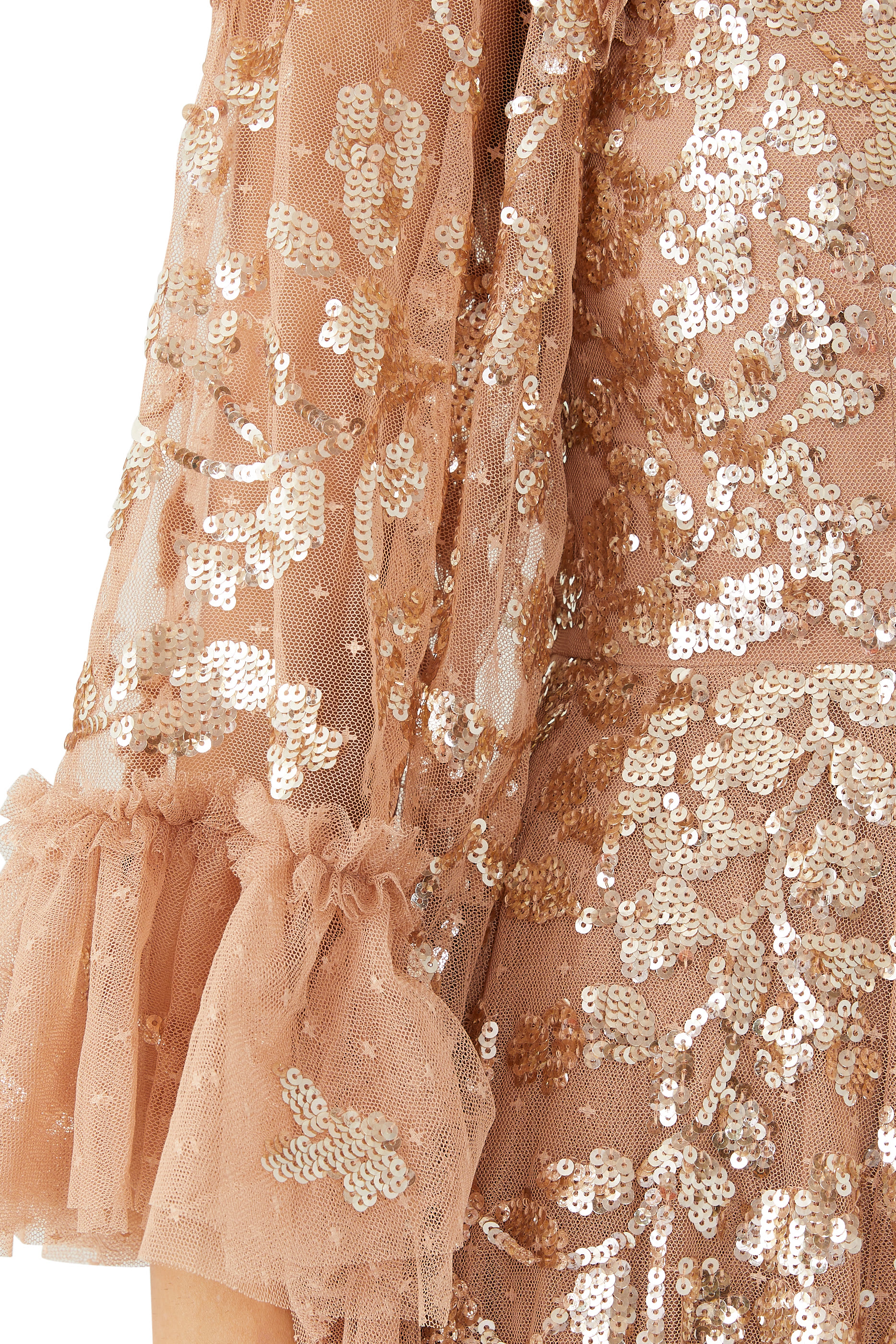 فستان سهرة بكتف مكشوف بطول الكاحل مزين بنقشة أوراق متساقطة