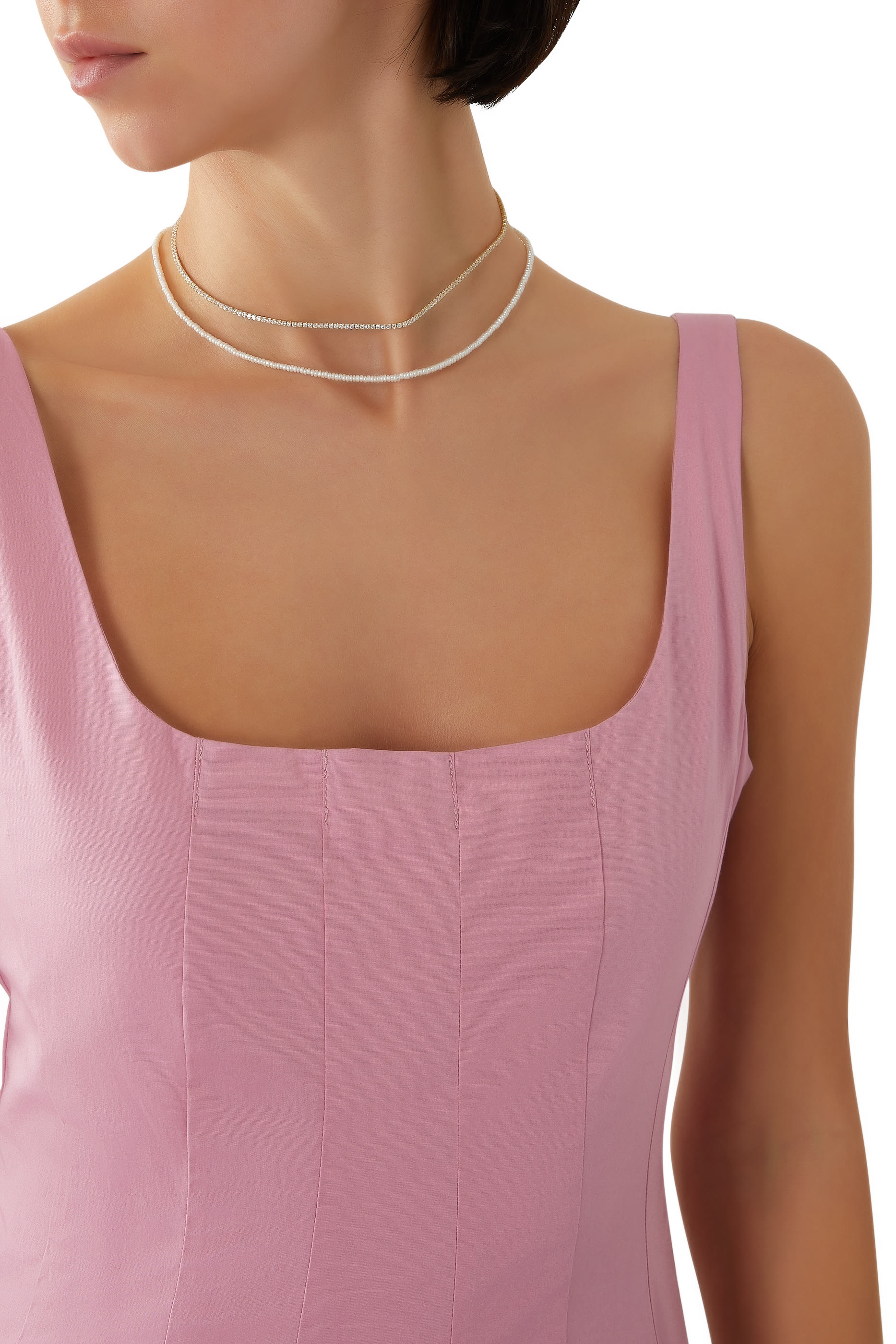 قلادة بسلسلة مزدوجة مرصعة باللؤلؤ وأحجار زركونيا مكعبة فضة إسترلينية بطلاء ذهبي عيار 18