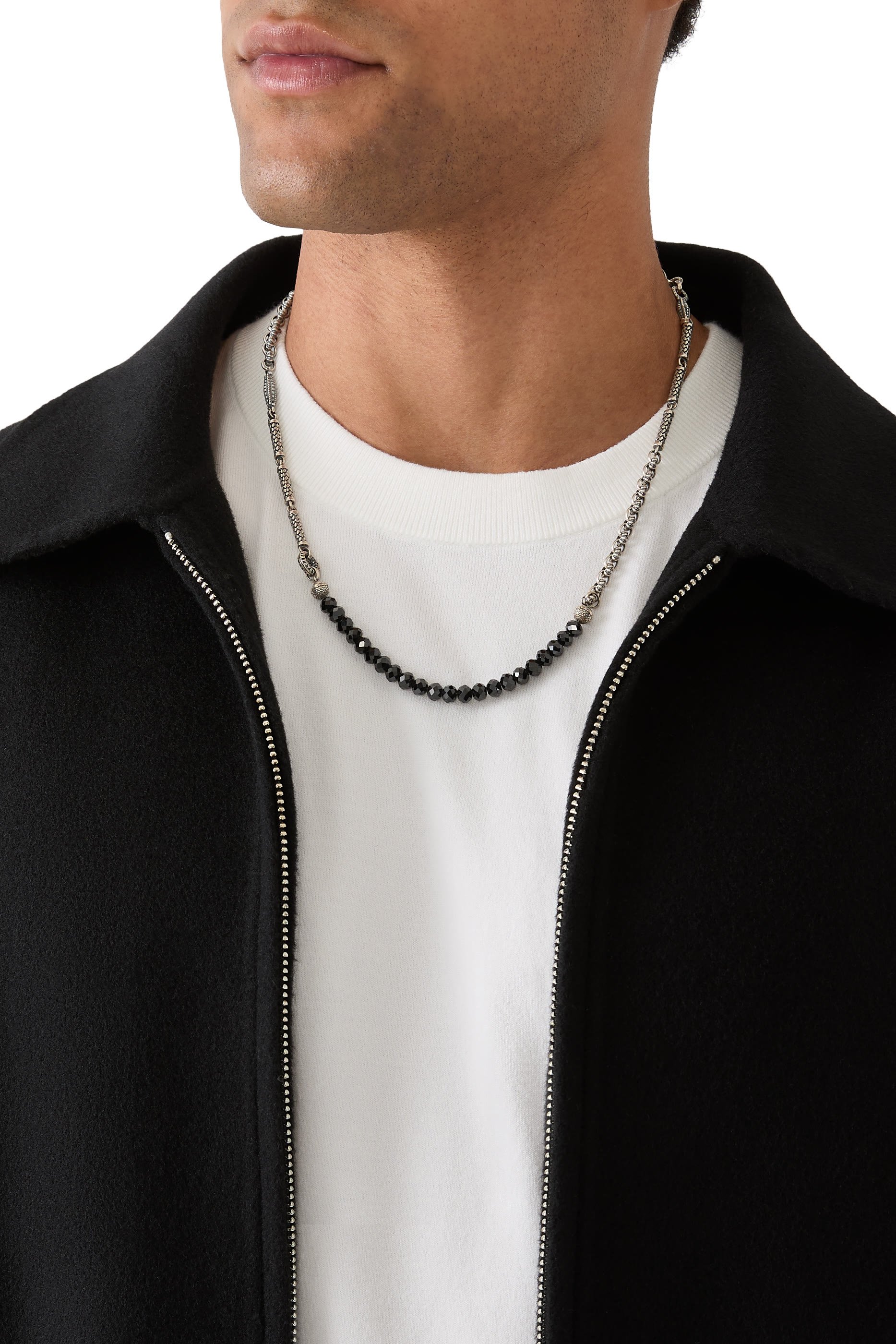 قلادة خرز بتصميم ملفوف متعددة الإستخدامات مرصعة وحجر السبينل الأسود، فضة استرلينية