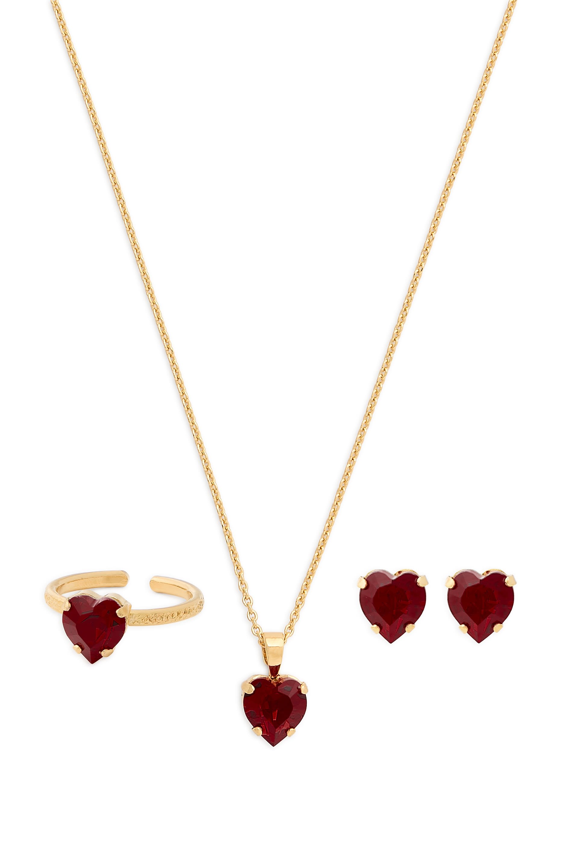 طقم أقراط، قلادة، وخاتم، بتصميم قلب