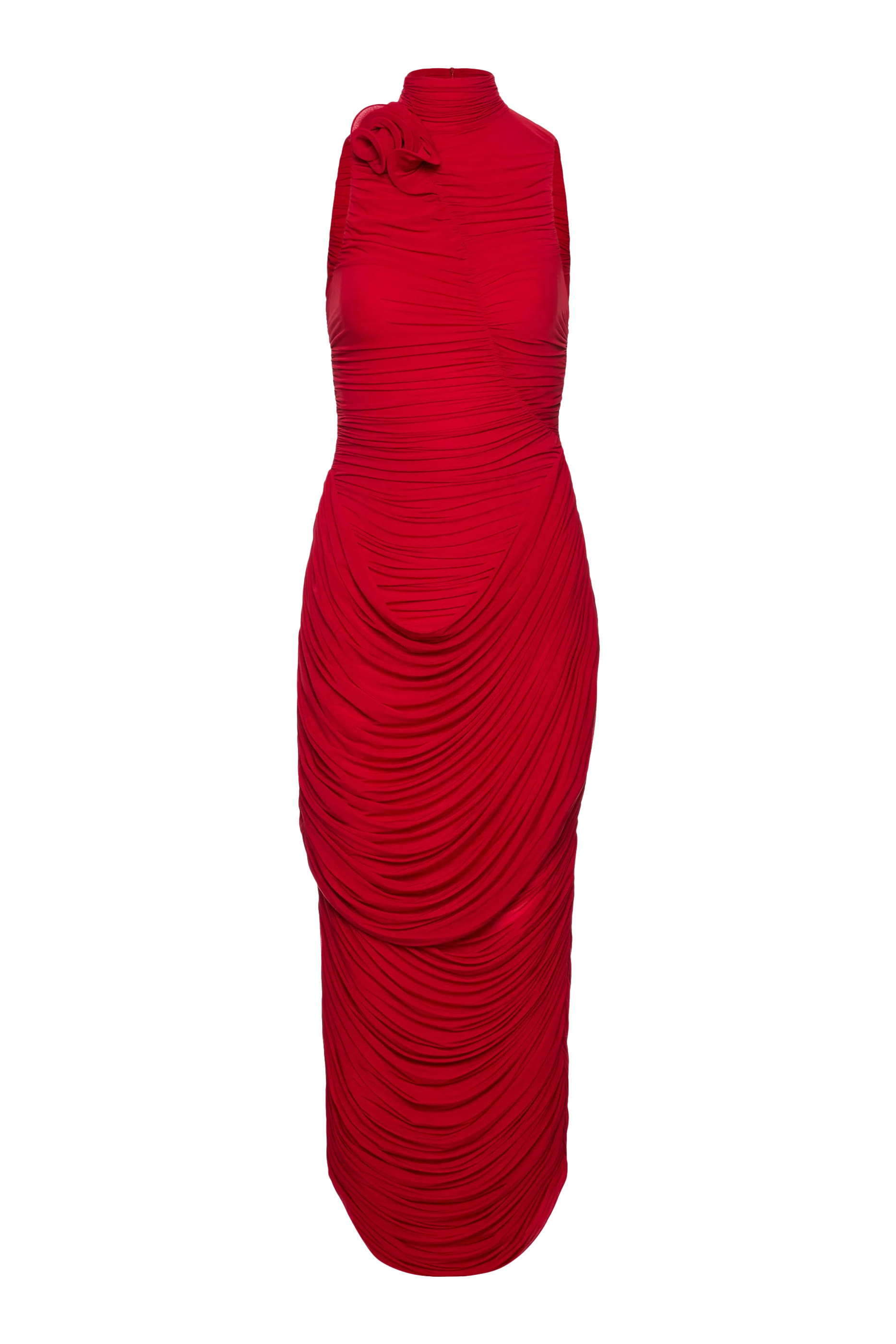 فستان طويل بياقة عالية وتفاصيل درابيه