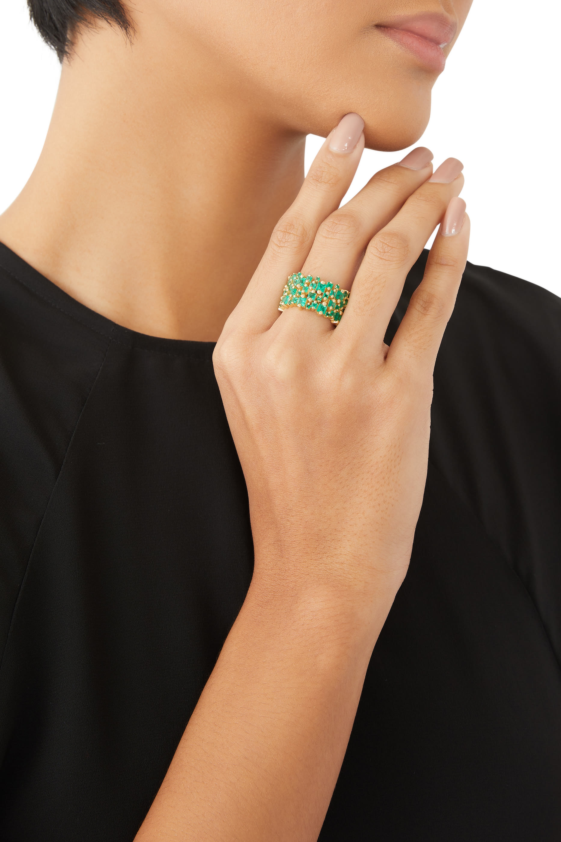 خاتم إيترنيتي مزدوج مرصع بالماس والزمرد، ذهب أصفر عيار 18