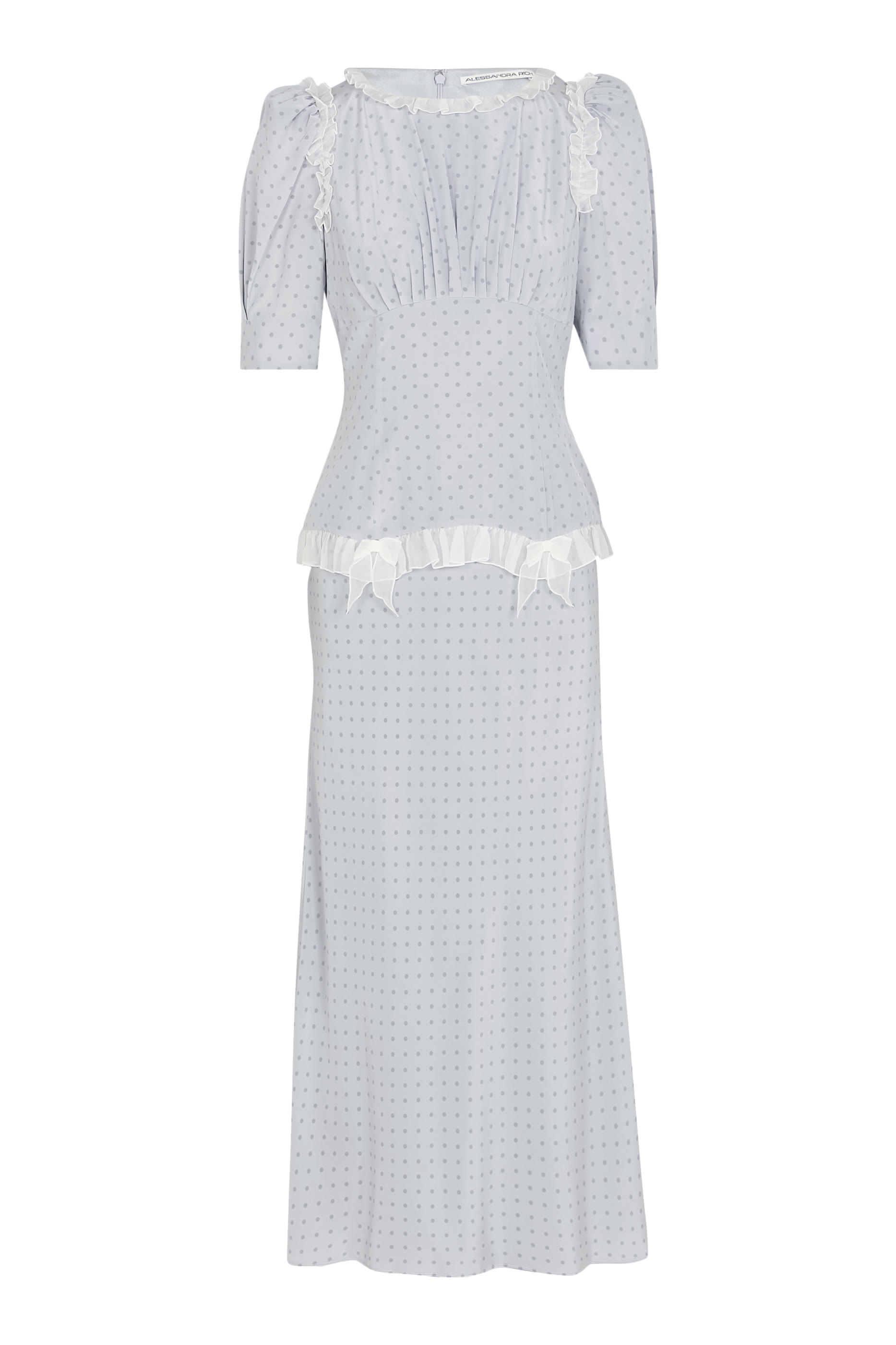 فستان بنقشة نقاط بولكا متوسط الطول مزين بكشكش