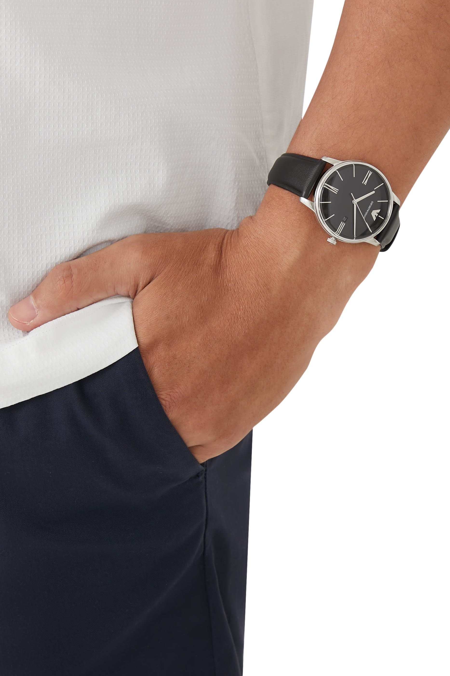 طقم ساعة جلد وسوار بشعار الماركة