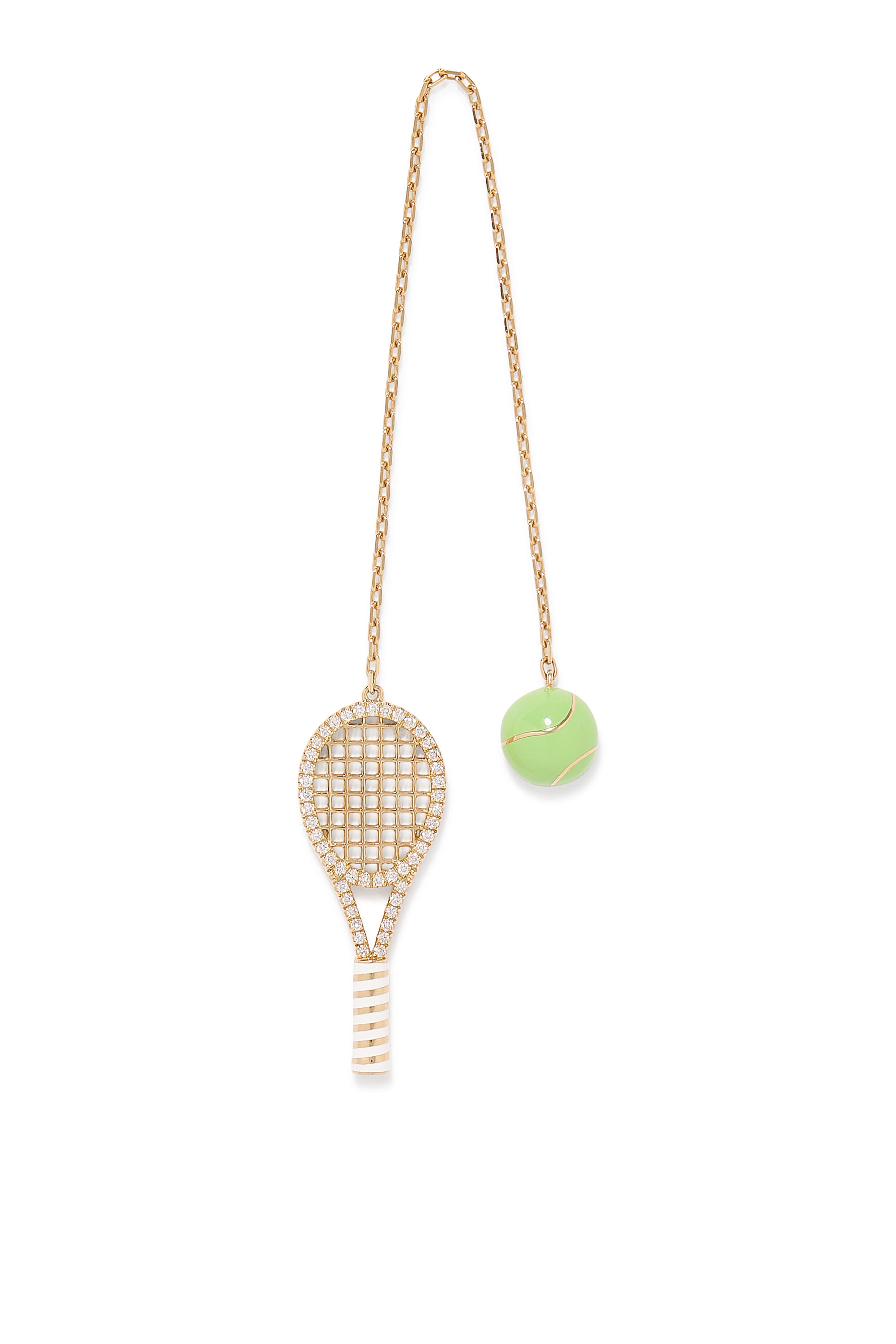 حلية بتصميم كرة ومضرب مطلية بمينا ومرصعة بالماس ذهب أصفر عيار 18