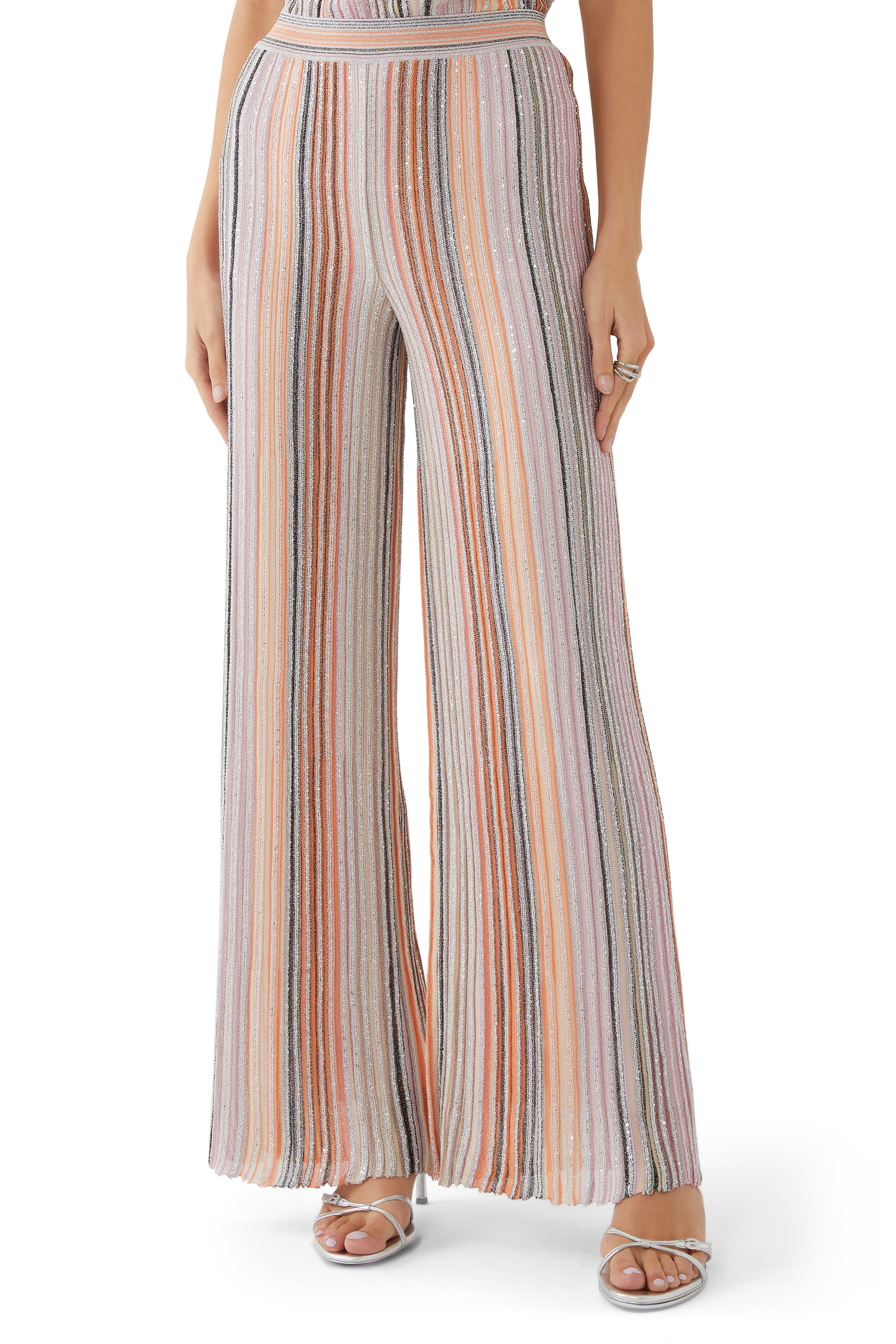 بنطال بقصة ساق مستقيمة نسيج مطرز بالترتر