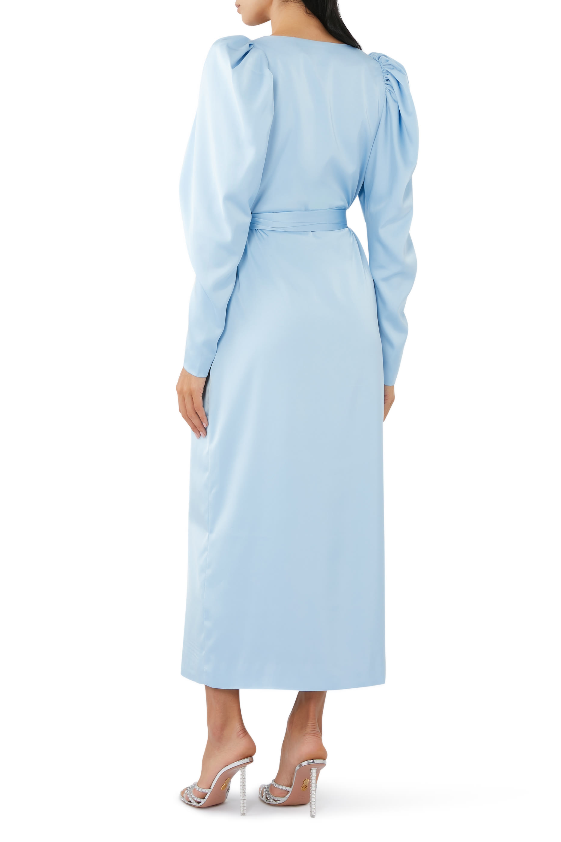 فستان متوسط الطول بتصميم ملفوف ستان