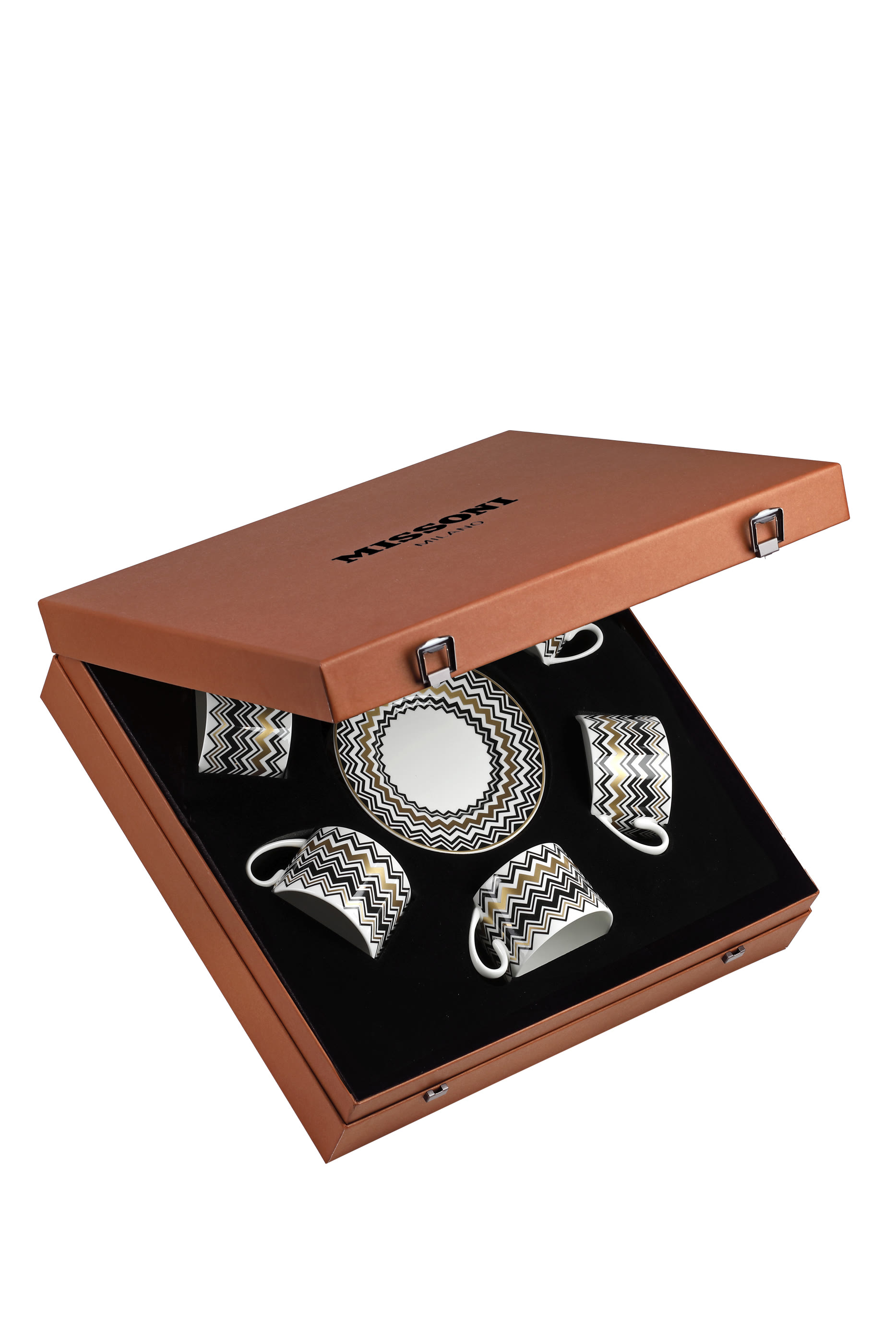 طقم فناجين وأطباق قهوة بنقشة خطوط متعرجة بتفاصيل ذهبية، 6 قطع