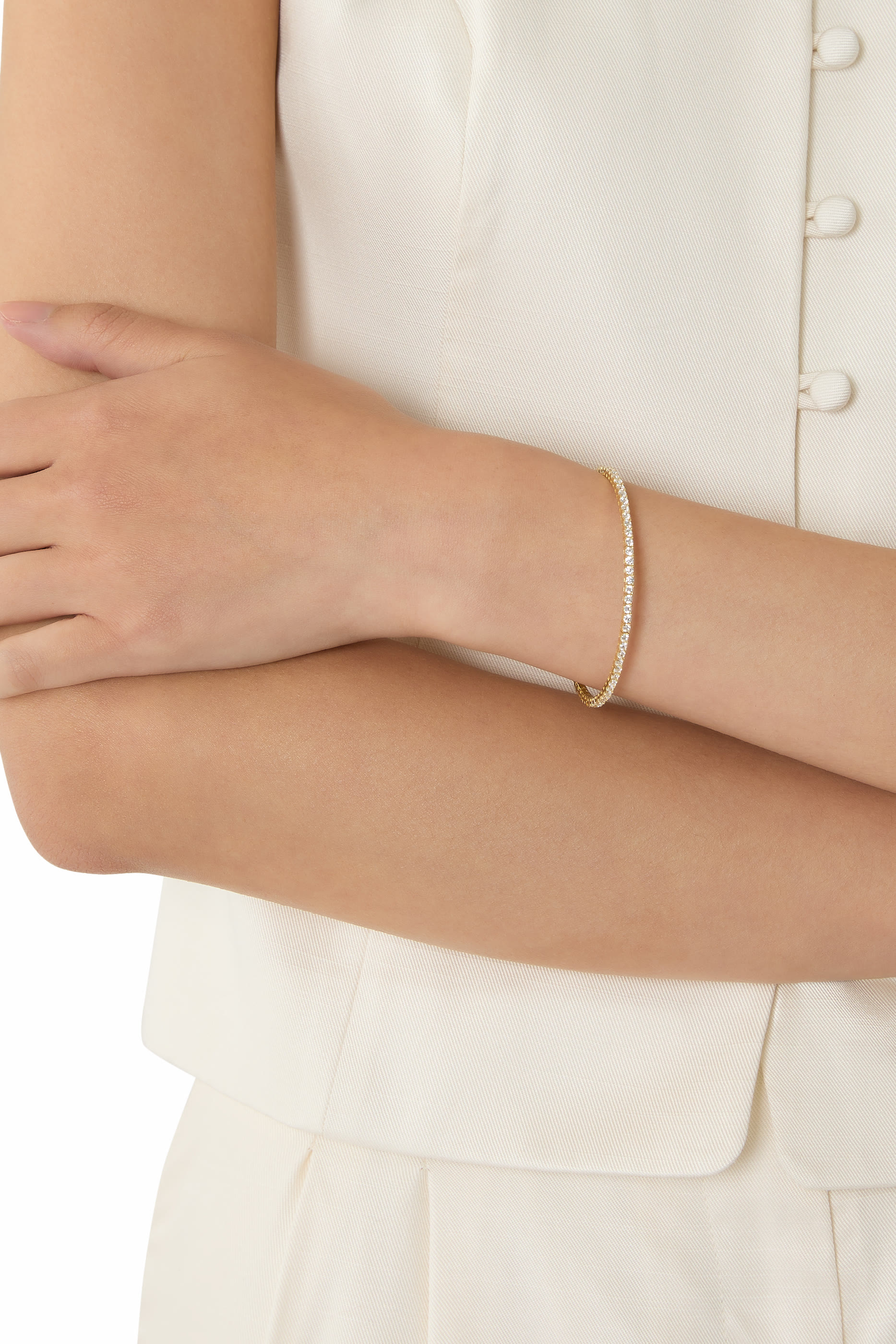 سوار تنس مرصع بماس وأحجار زركونيا مكعبة +AAAA، فضة استرلينية مطلية بفرميل عيار 14 