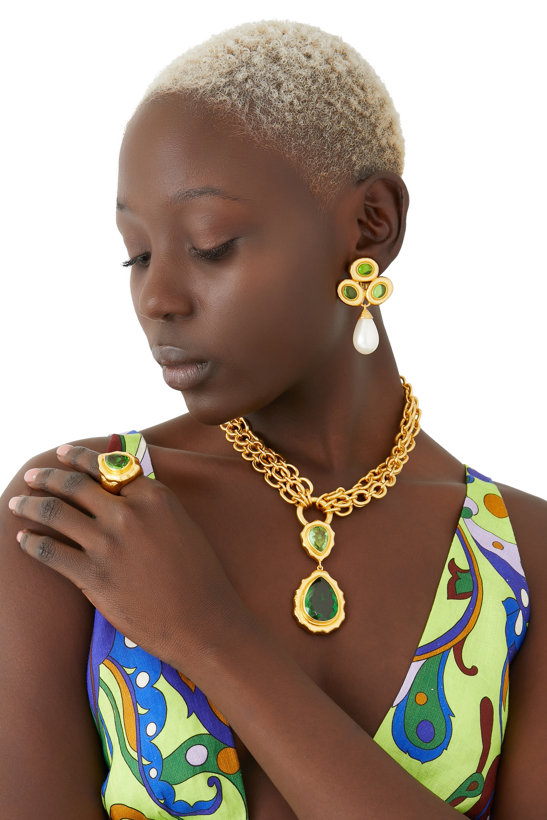 خاتم بولينا مرصع بالكوارتز زبرجد أخضر نحاس مطلي بذهب أصفر عيار 24