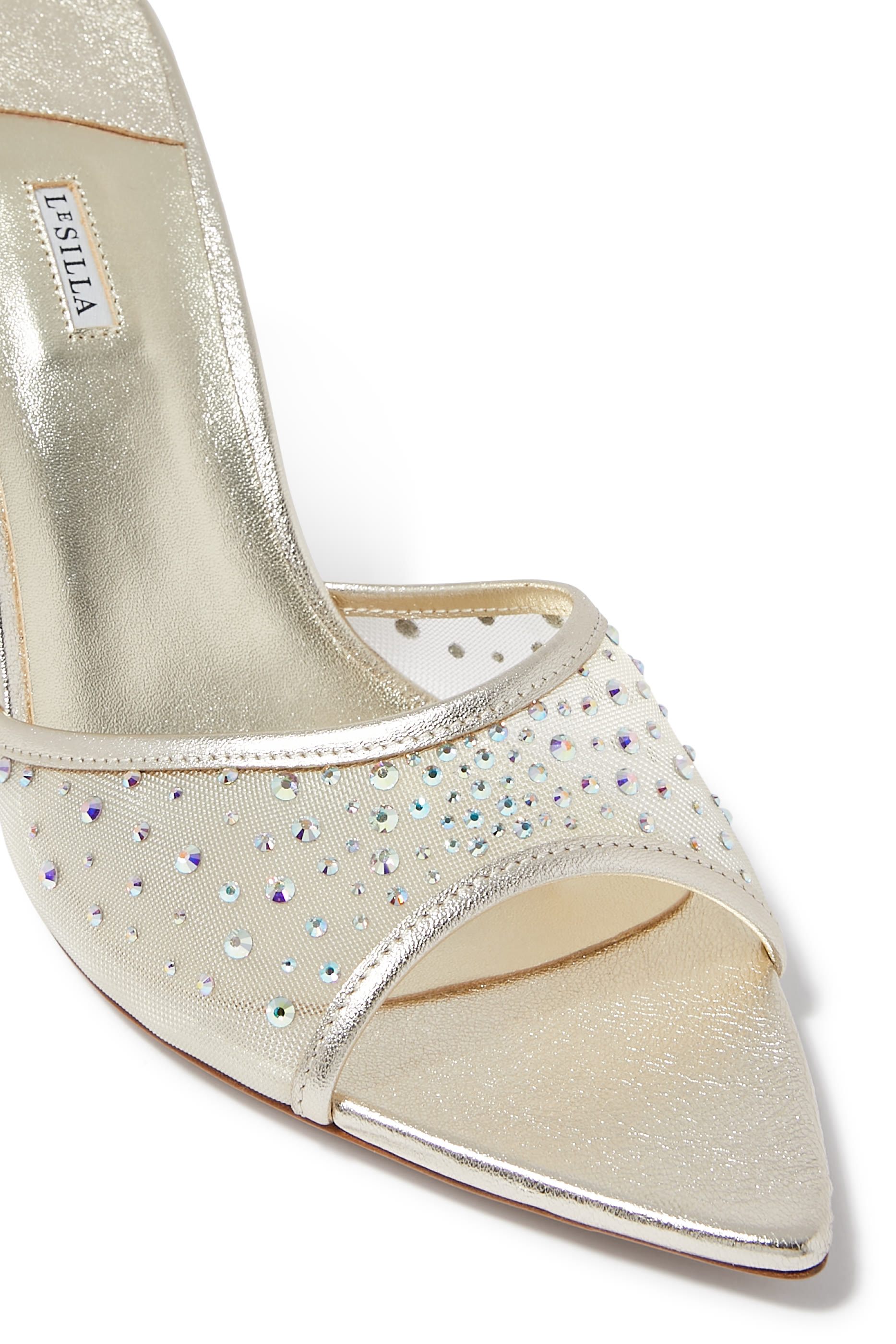 حذاء نيكول 80 مفتوح من الخلف قماش شبكي بأحجار براقة