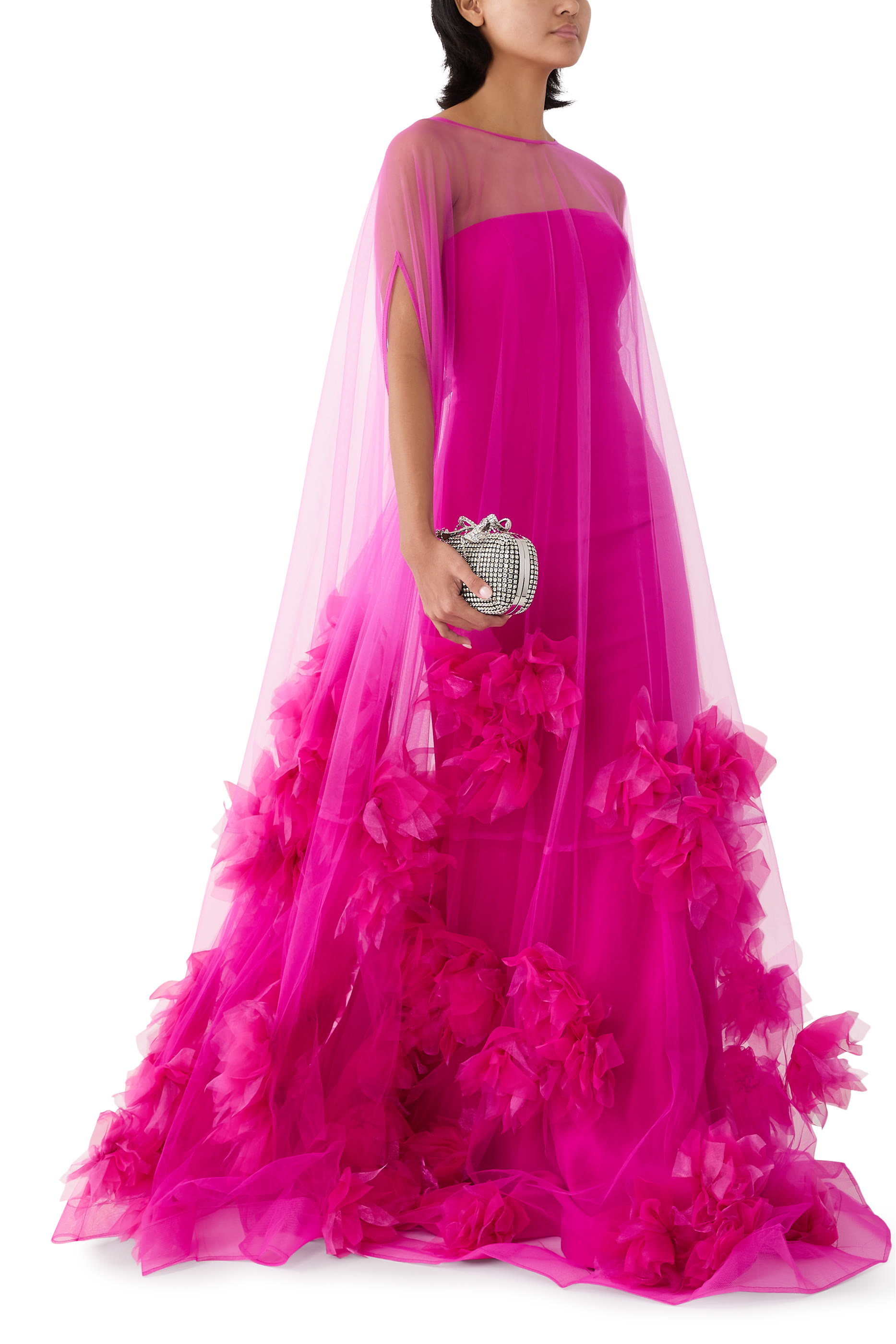 فستان سهرة بلا حمالات تول بزهور بملمس بارز