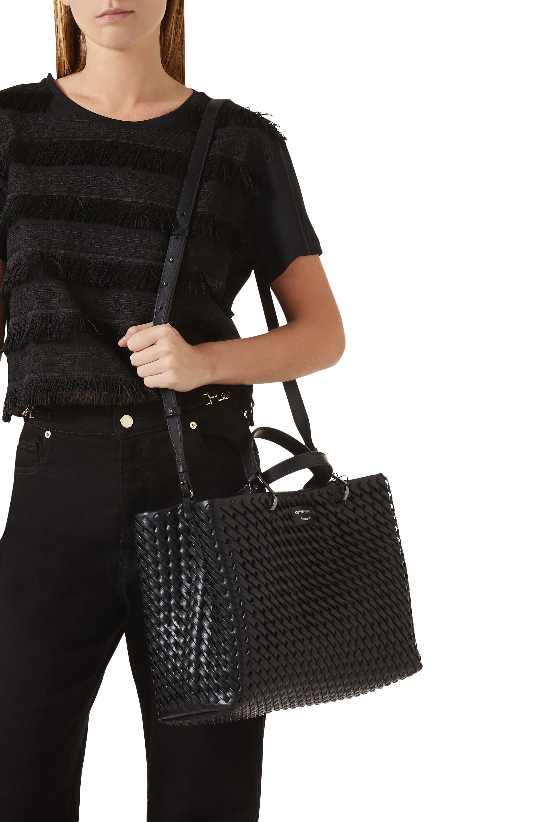 حقيبة يد بشعار الماركة بتصميم متشابك