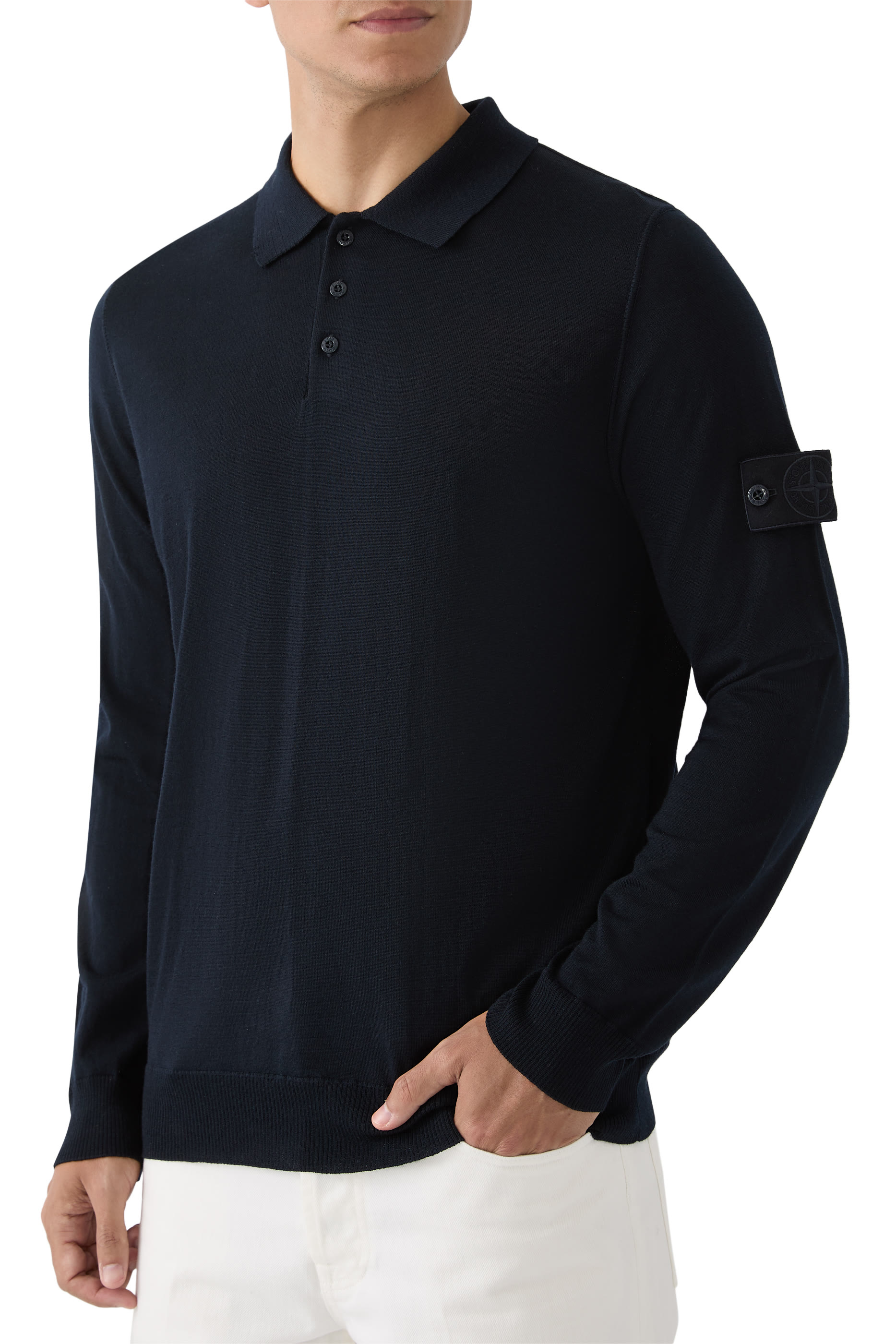 قميص بولو منسوج بأكمام طويلة وتفاصيل مضلعة