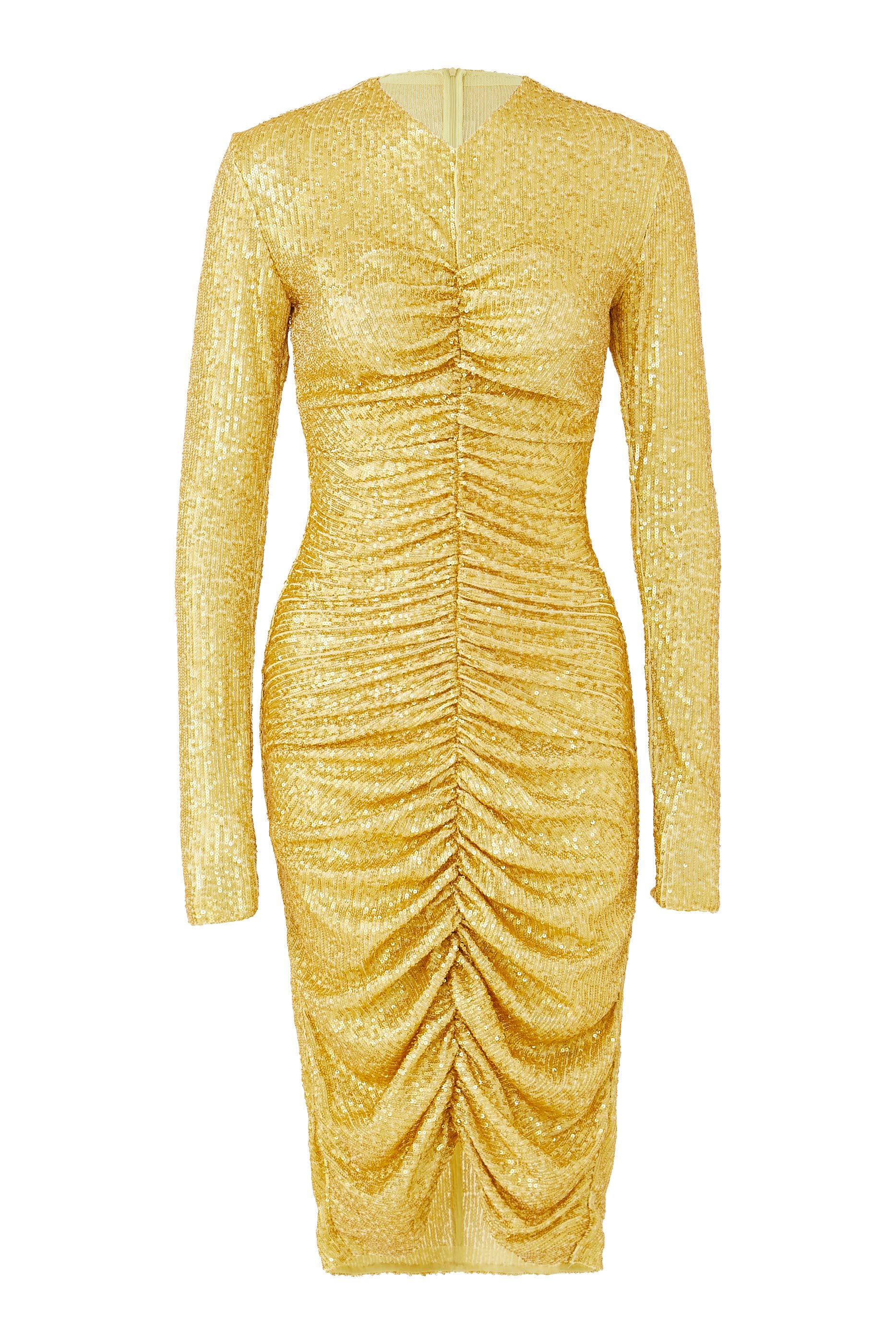 فستان بياقة على شكل حرف V وأكمام طويلة بكشكشة في الأمام