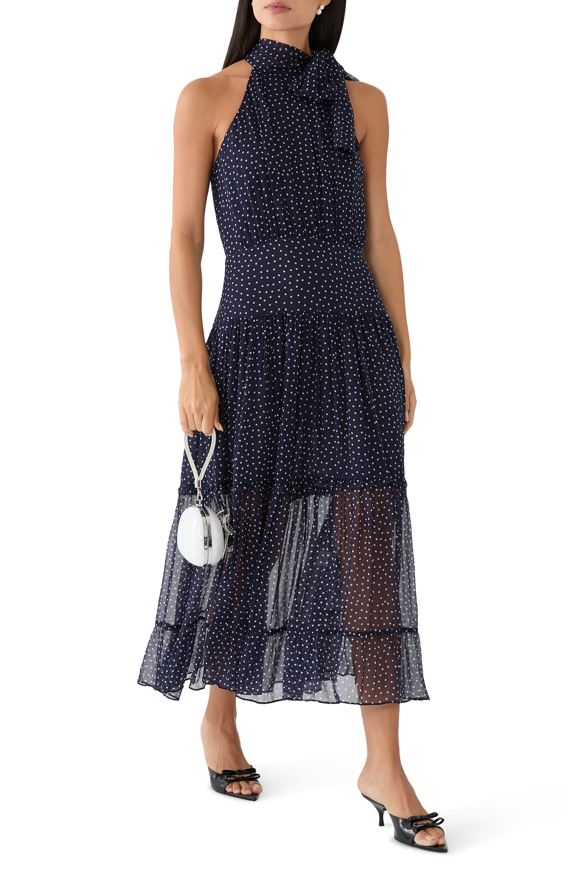 فستان آبي متوسط الطول بنقشة نقاط