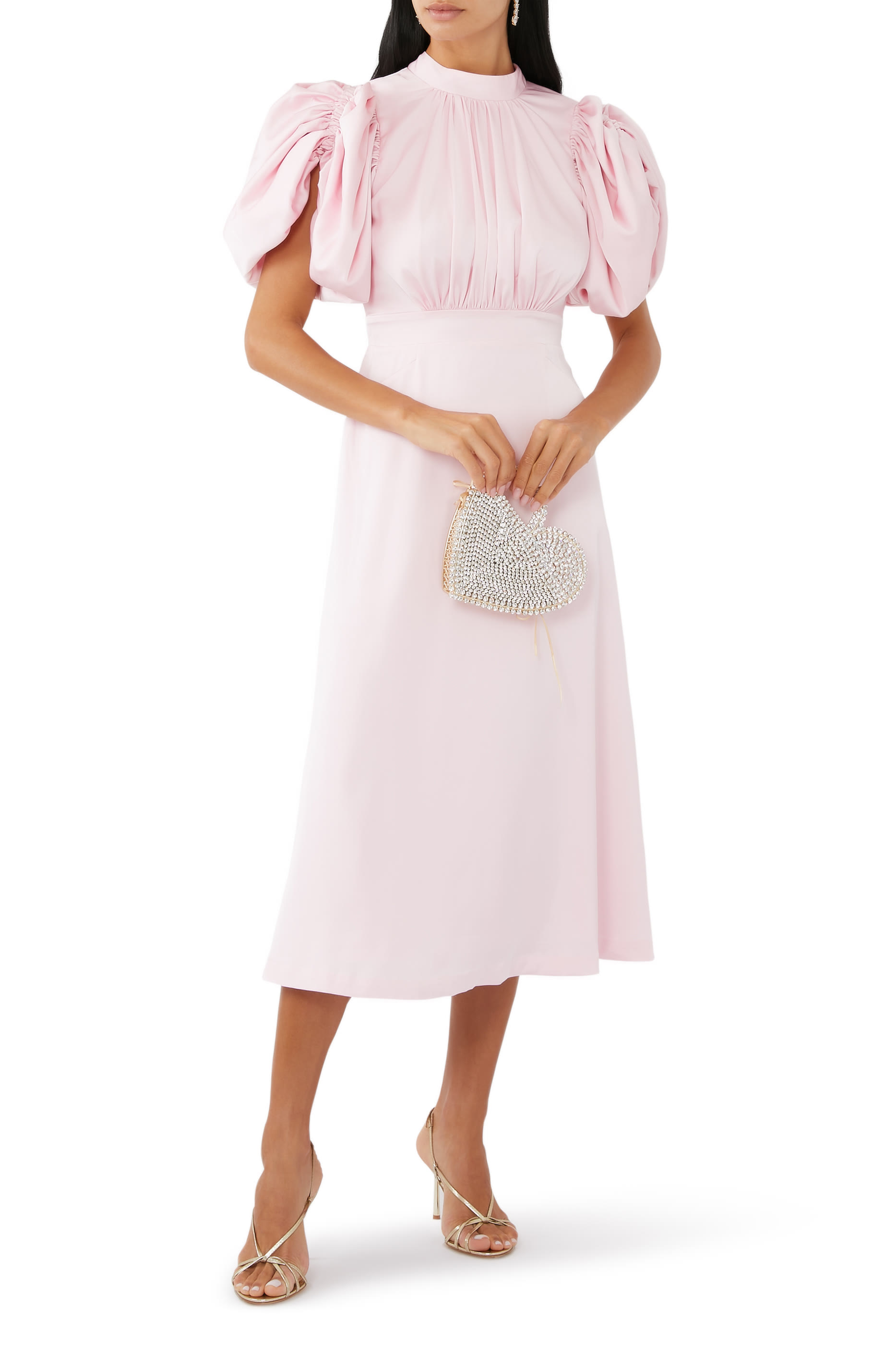 فستان متوسط الطول بأكمام منفوخة ستان