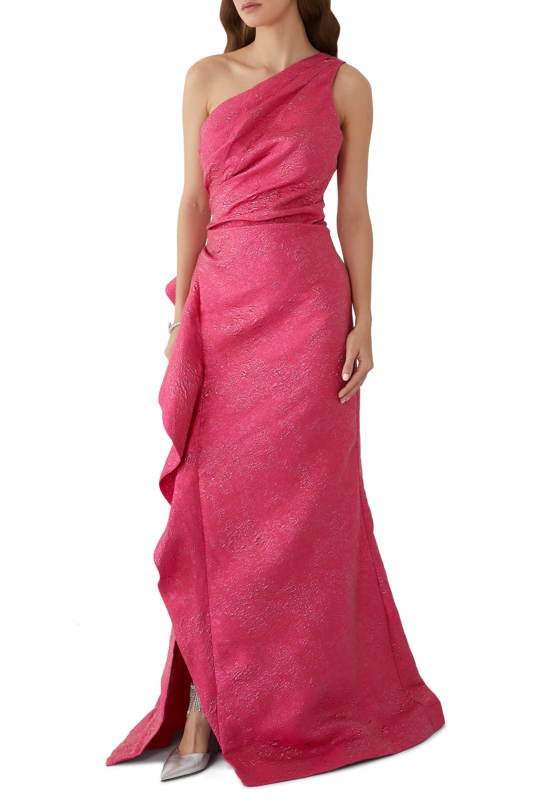 فستان سهرة بكشكش عند الجانب وكتف واحد جاكار