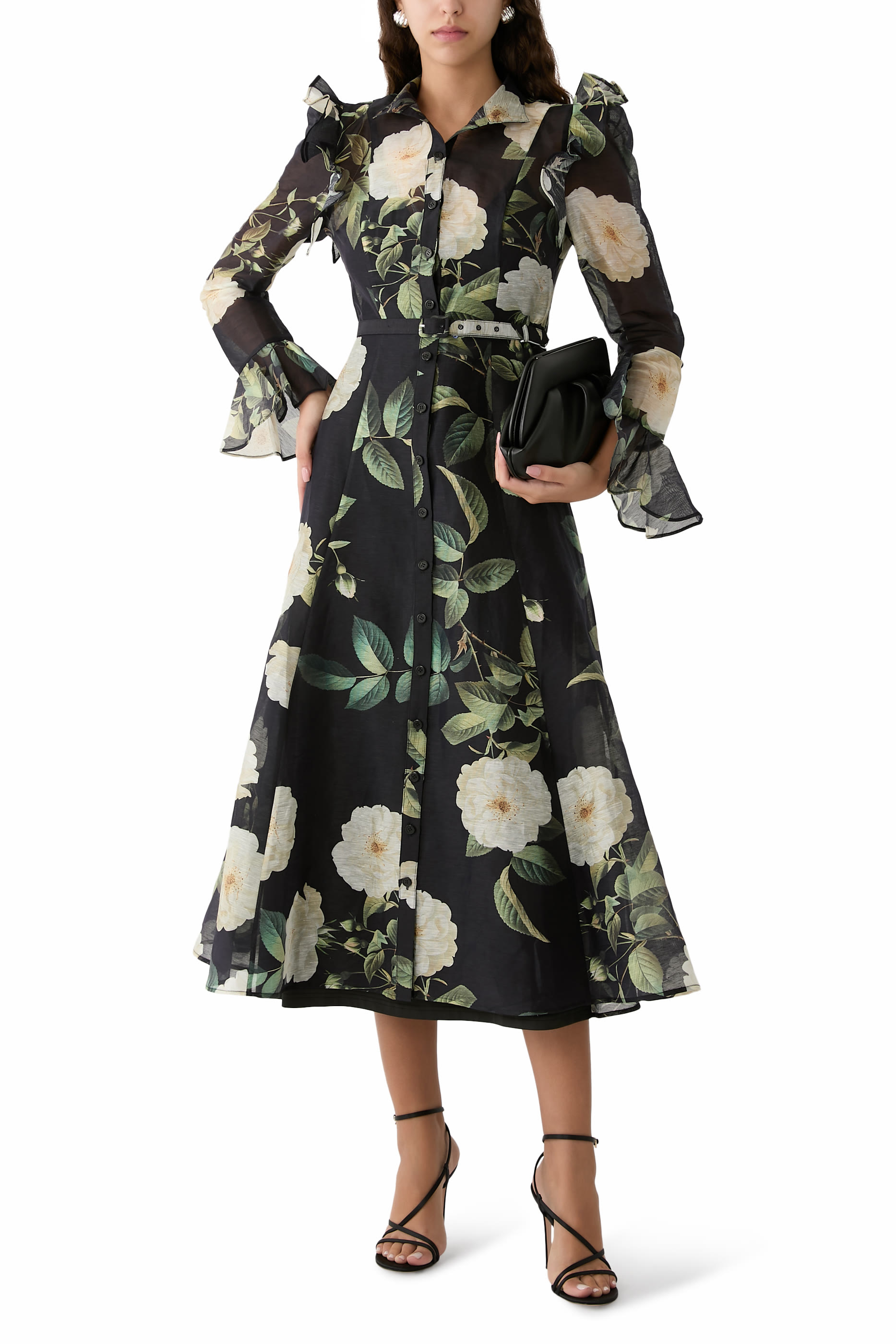 فستان كاترينا بأكمام فراشة ونقشة ورد أبيض