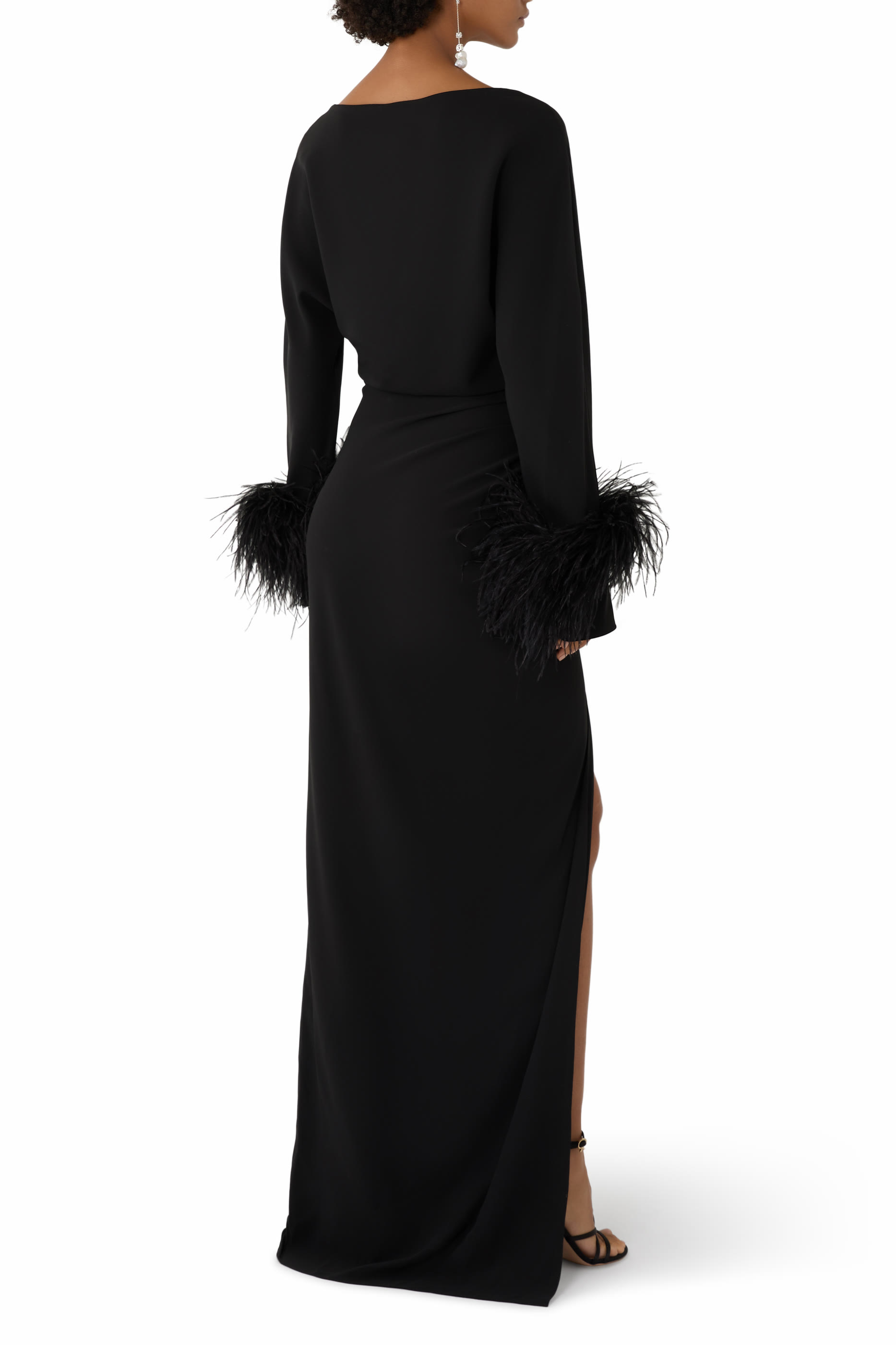 Stretch Drape Crepe Off The Shoulder Dress with Feathers