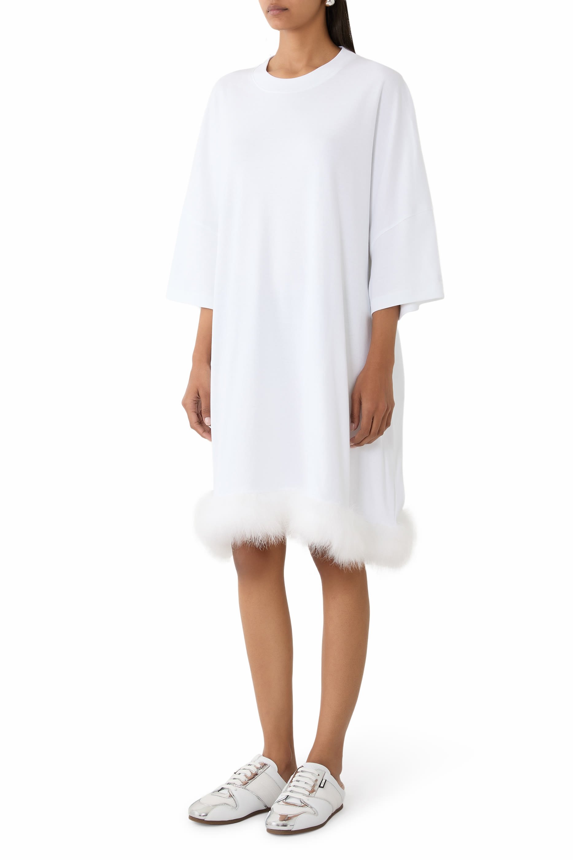 فستان قصير مزين بفرو