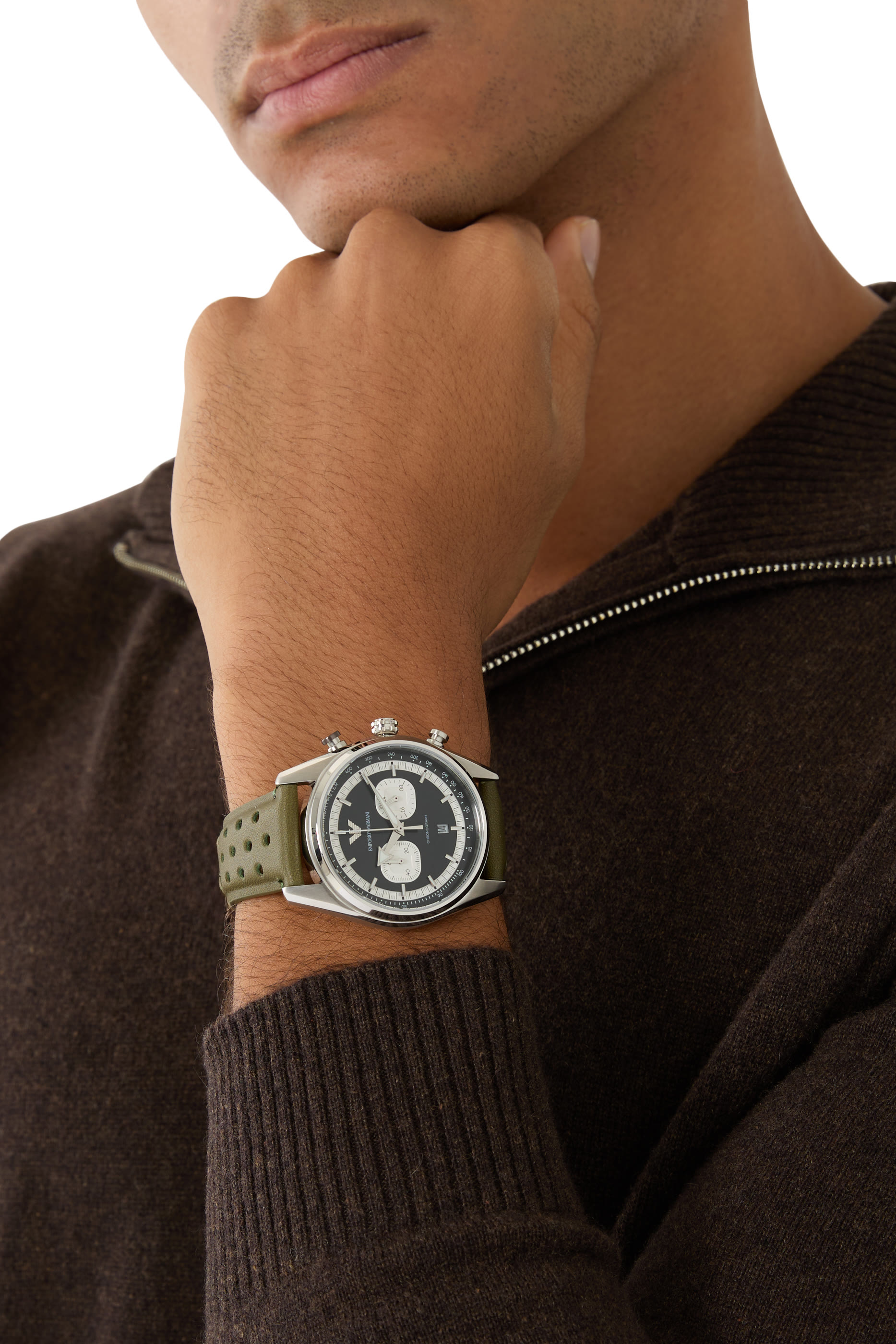 ساعة كرونوغراف جلد باللون الأخضر