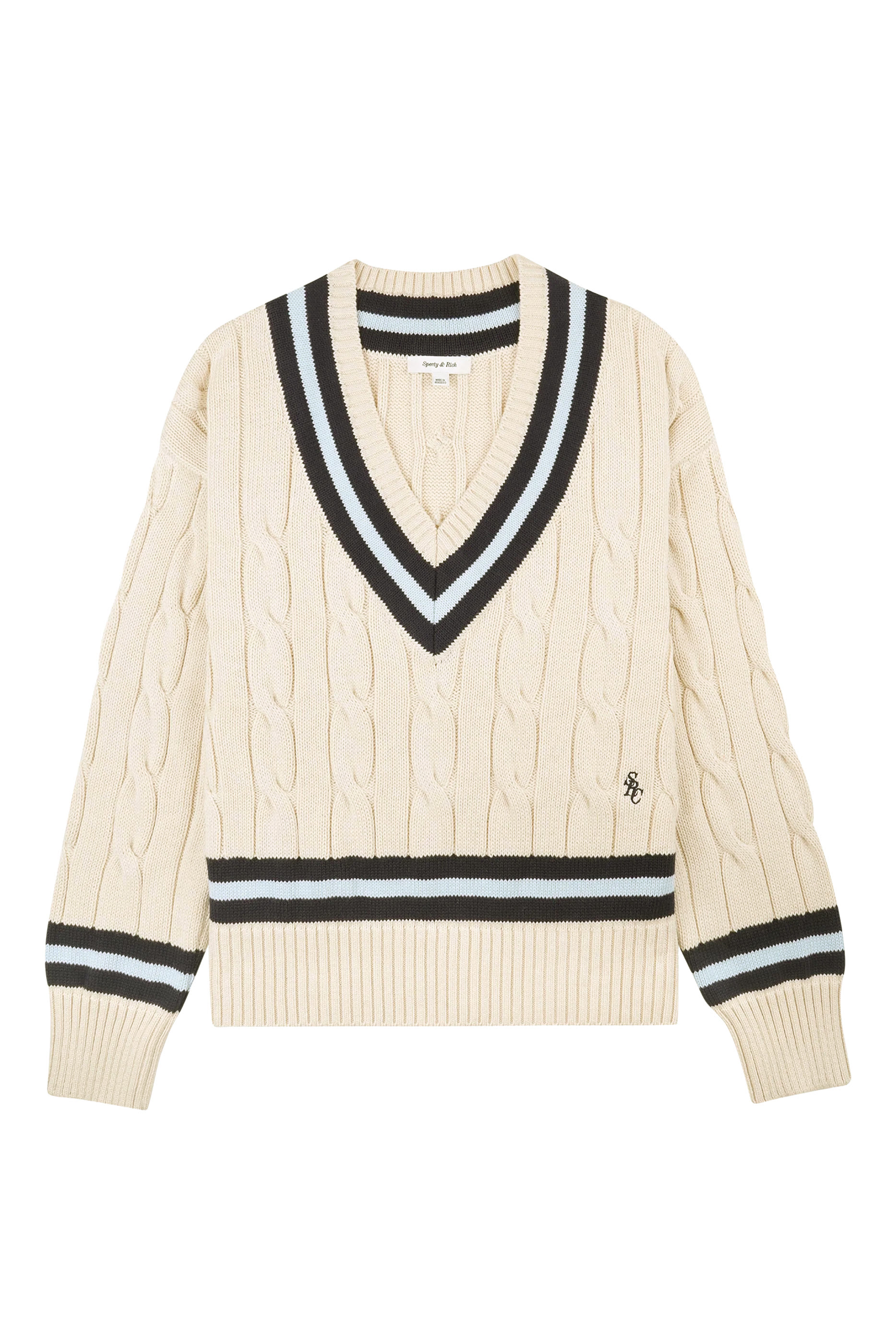 سترة بياقة بتصميم حرف V مزينة بشعار الماركة بغرزة الضفيرة