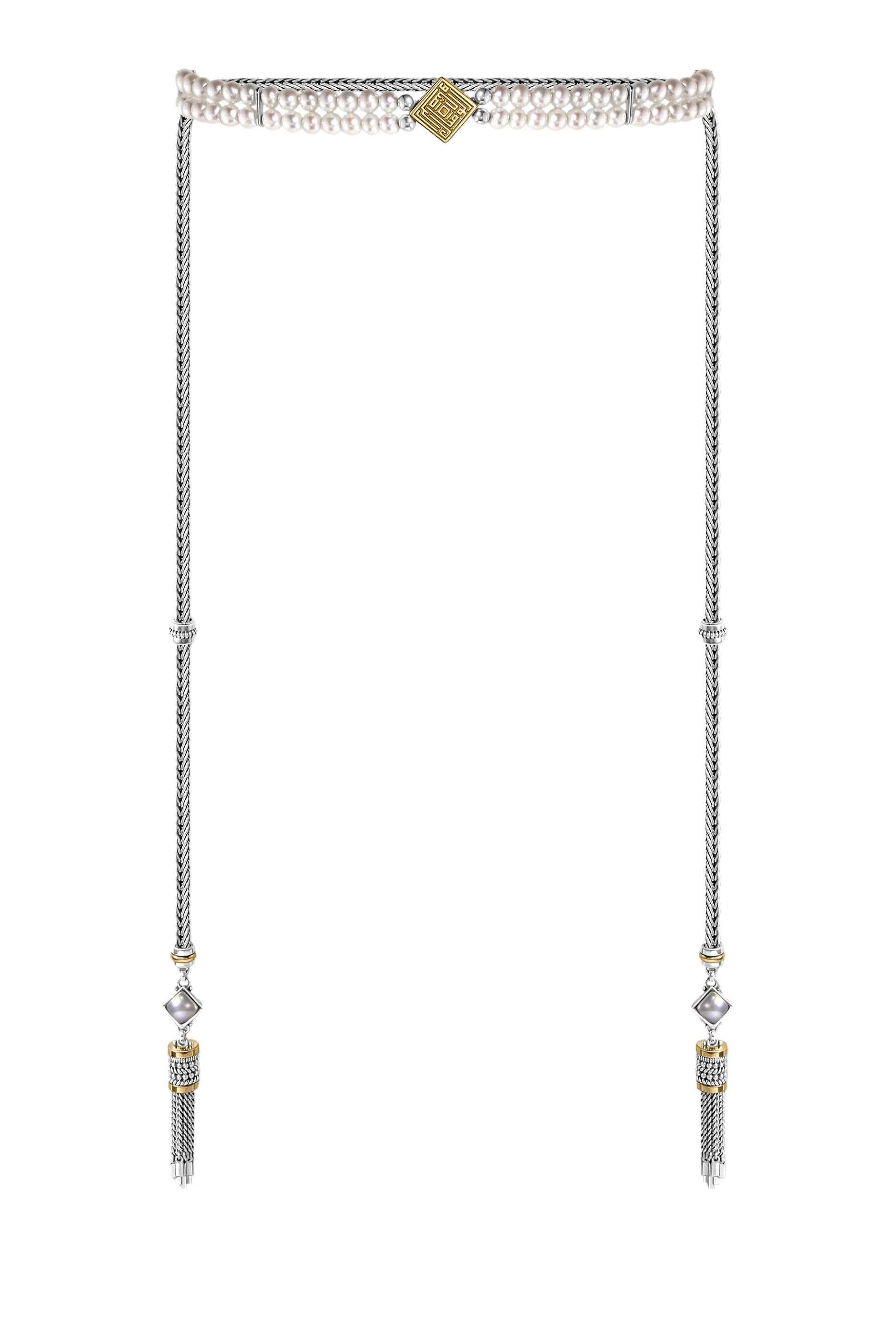 قلادة بتصميم ملفوف محفور بخط كوفي ذهب أصفر عيار 18 وفضة استرلينية ولؤلؤ