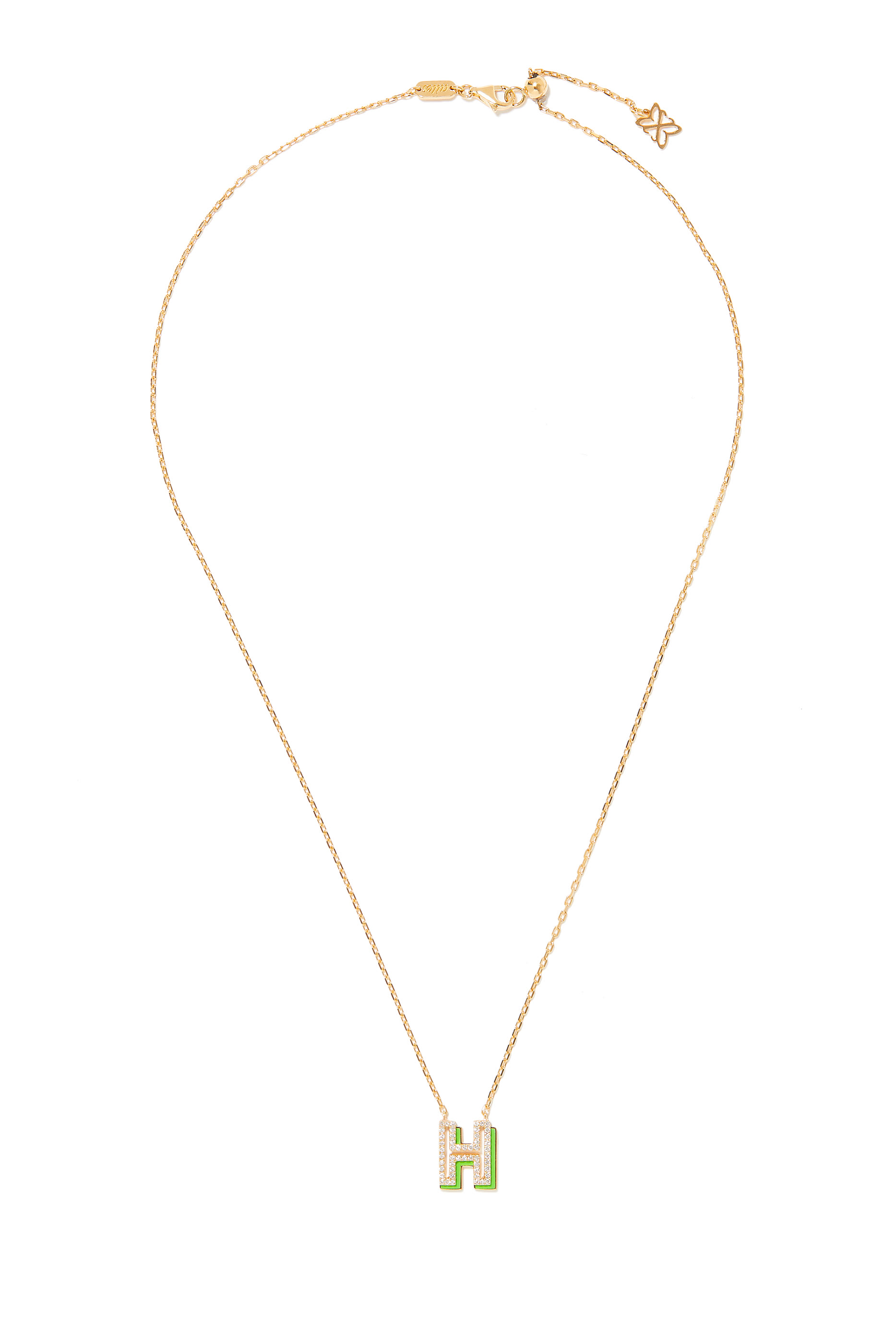 قلادة بدلاية صغيرة بتصميم حرف H مرصعة بالماس ومينا خضراء ذهب أصفر عيار 18