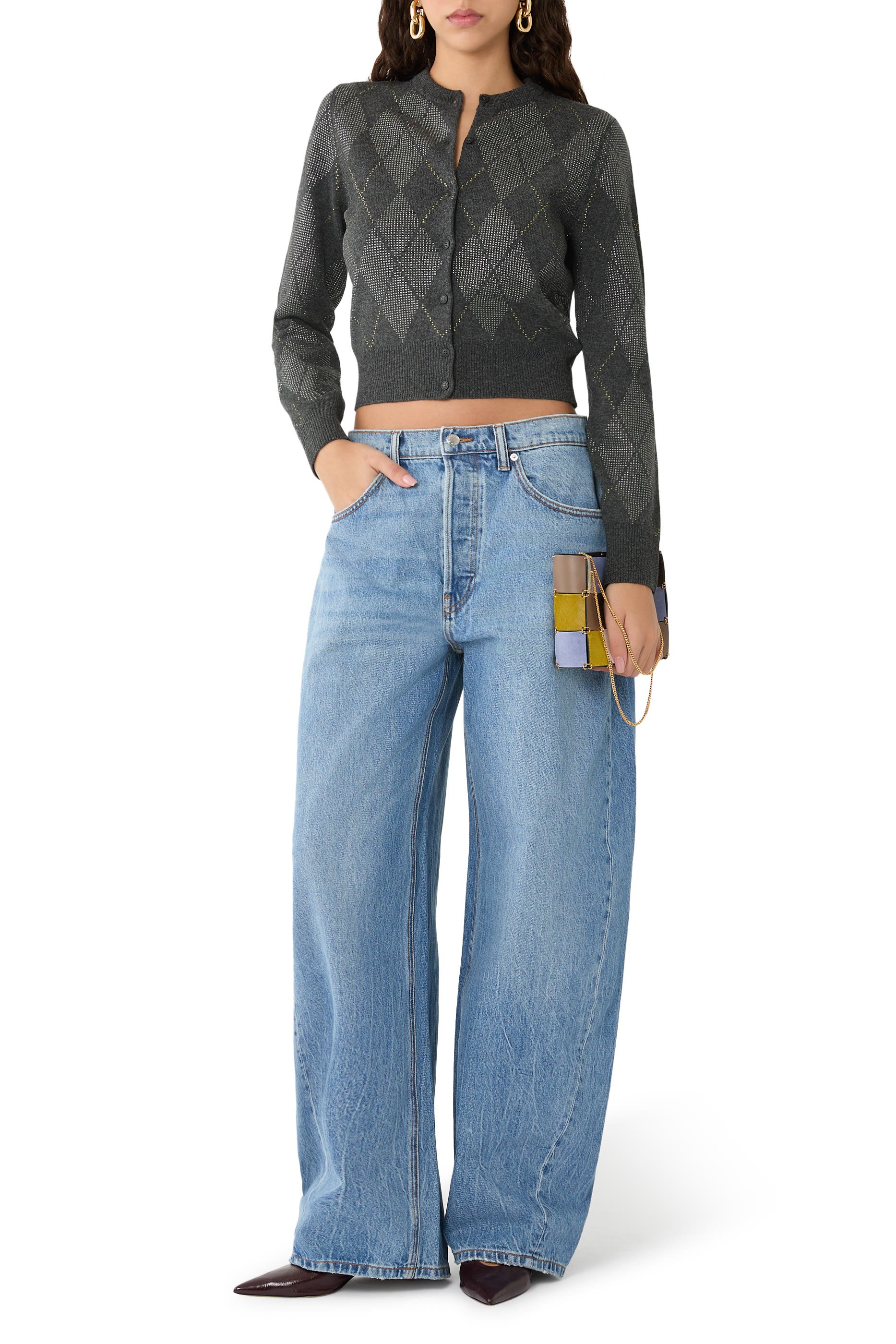 بنطال جينز بلو أب مرصع بكريستال مثبت حراريا