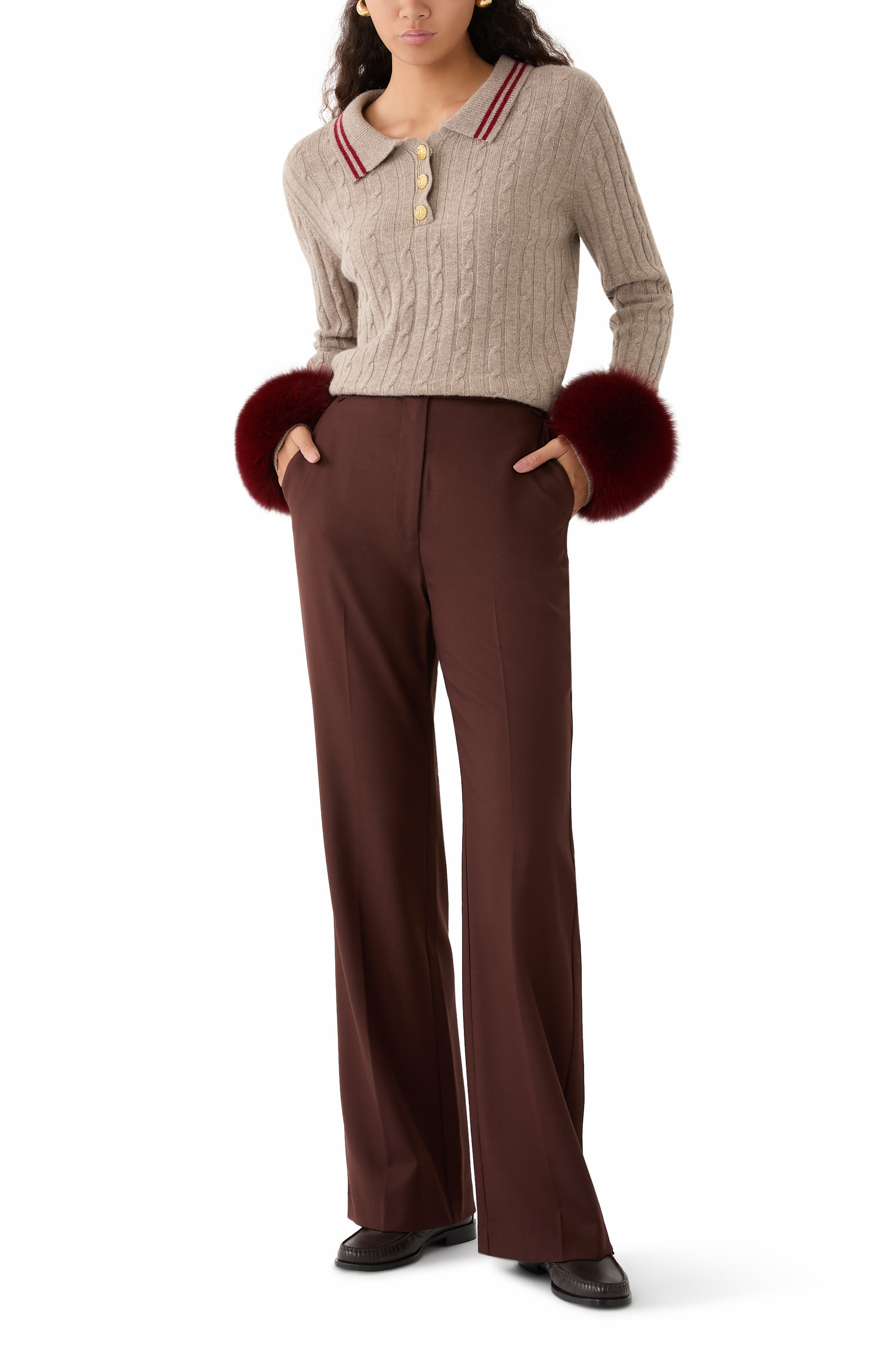 كنزة بتفاصيل مخططة منسوجة بتصميم كابل مع أساور