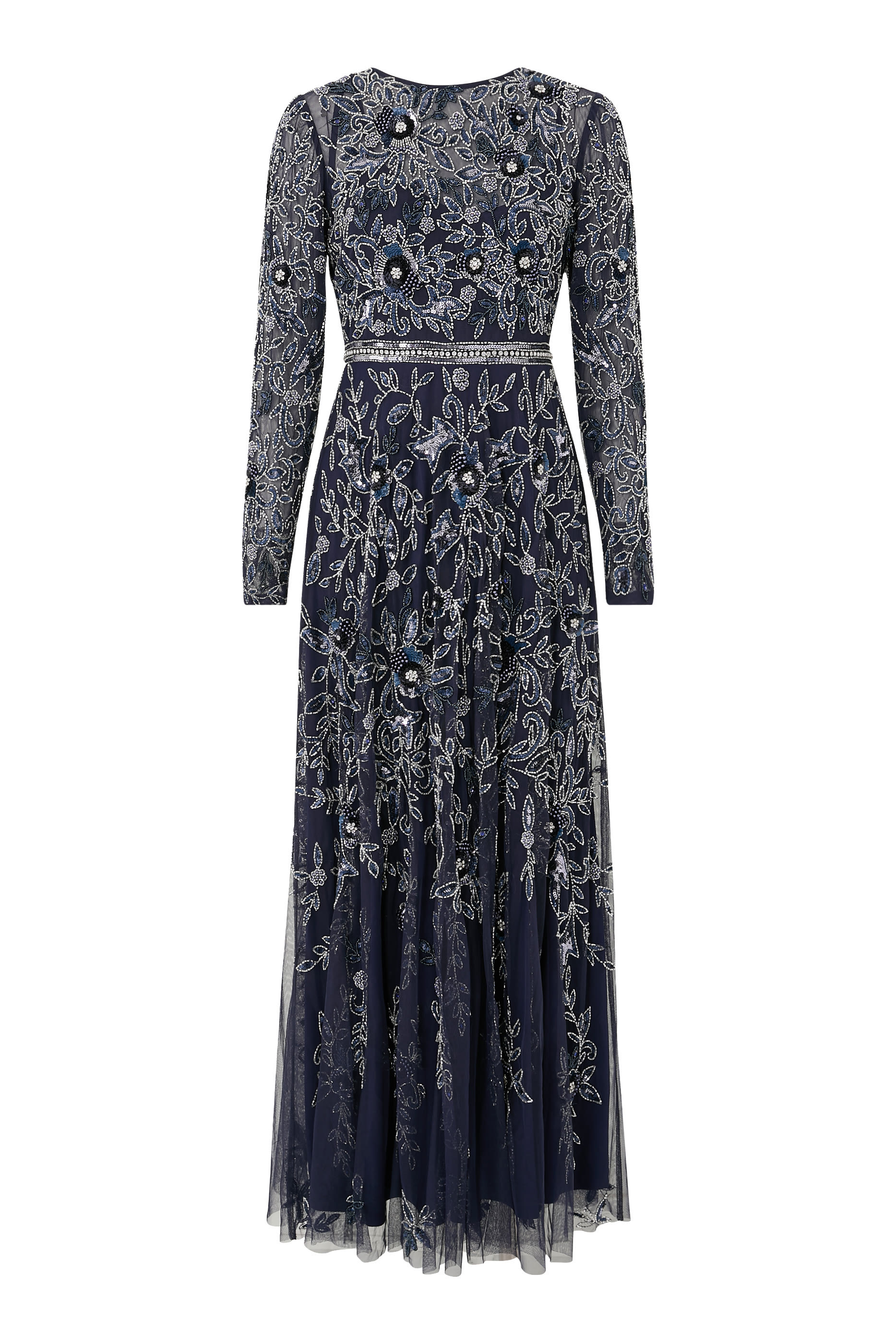 فستان سهرة بأكمام طويلة وقصة واسعة نحو الأسفل بنقشة زهور