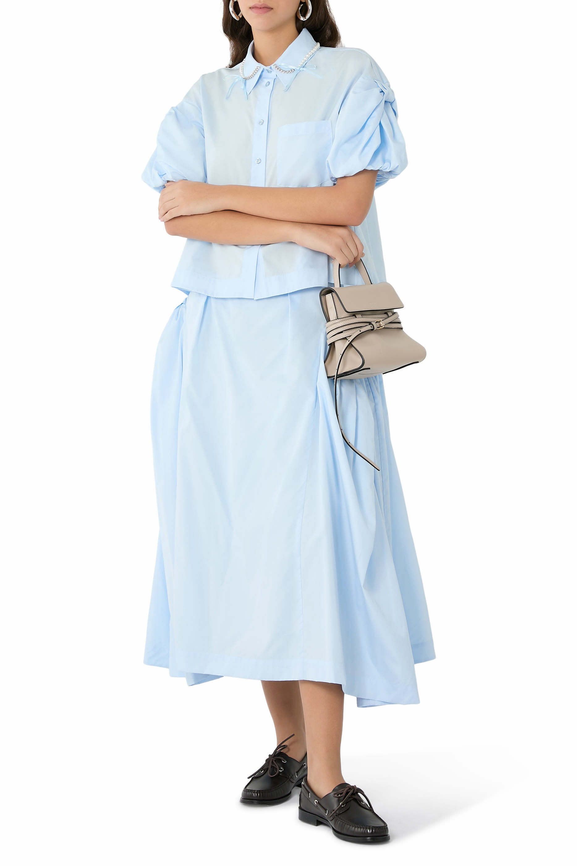 Cropped Bow Puff Sleeves Shirt