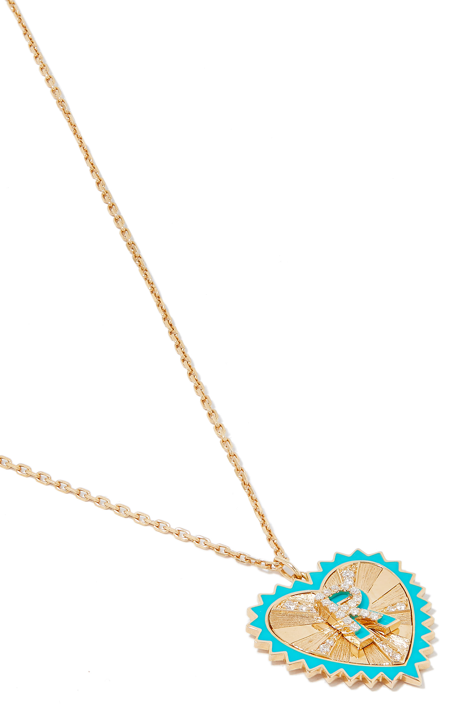 قلادة بتصميم قلب بحرف "R" مرصعة بالماس ذهب أصفر عيار 18