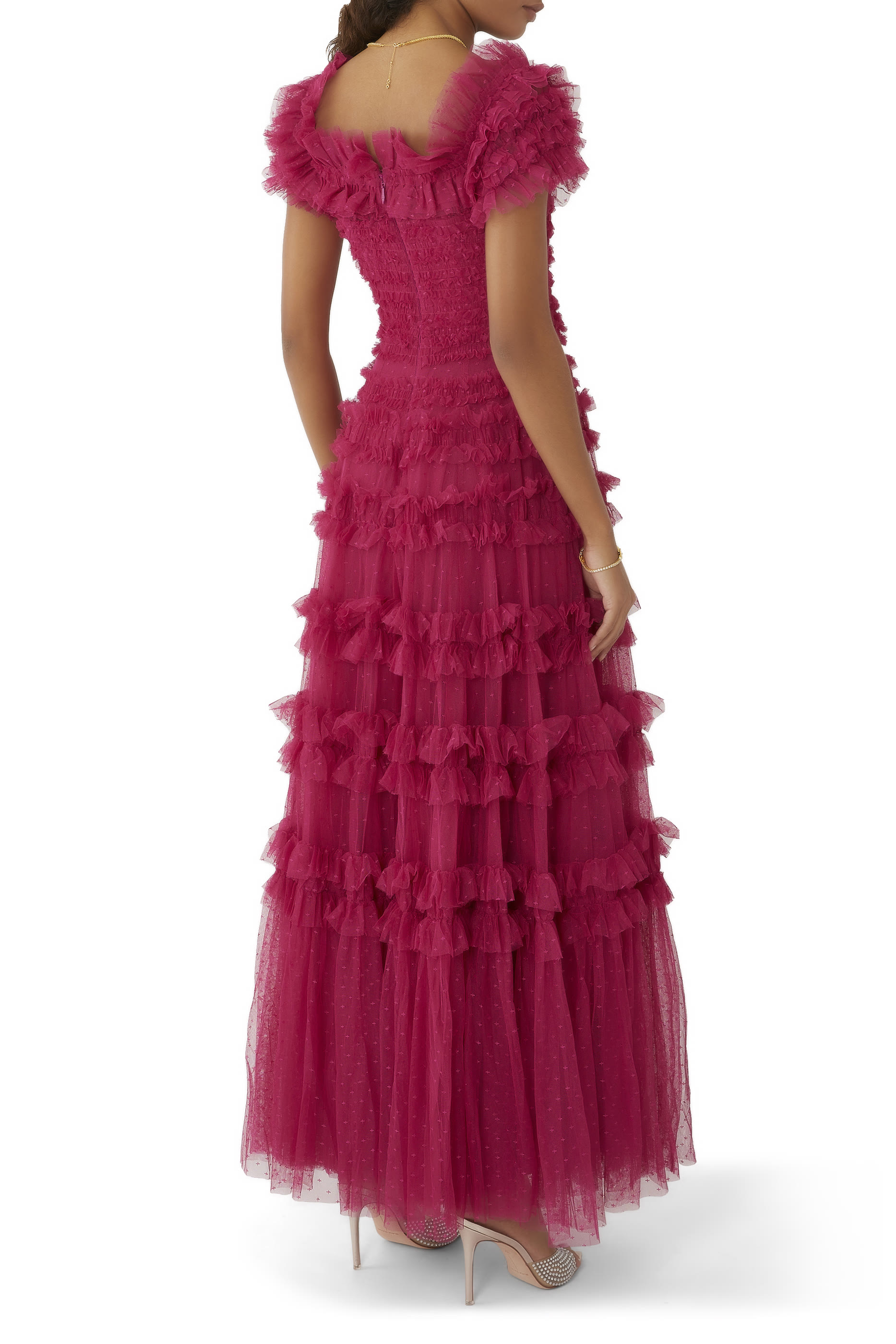 فستان سهرة ليزيت بأكتاف مكشوفة كشكش