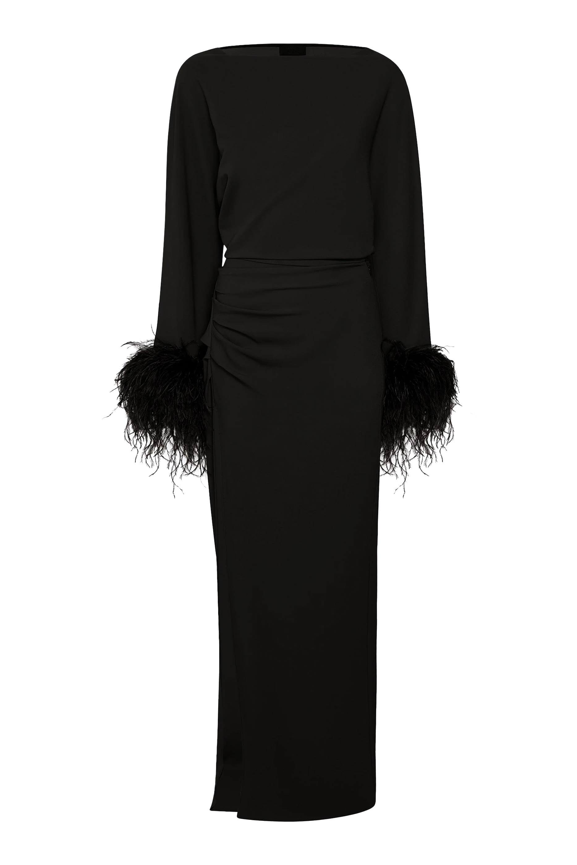 Stretch Drape Crepe Off The Shoulder Dress with Feathers