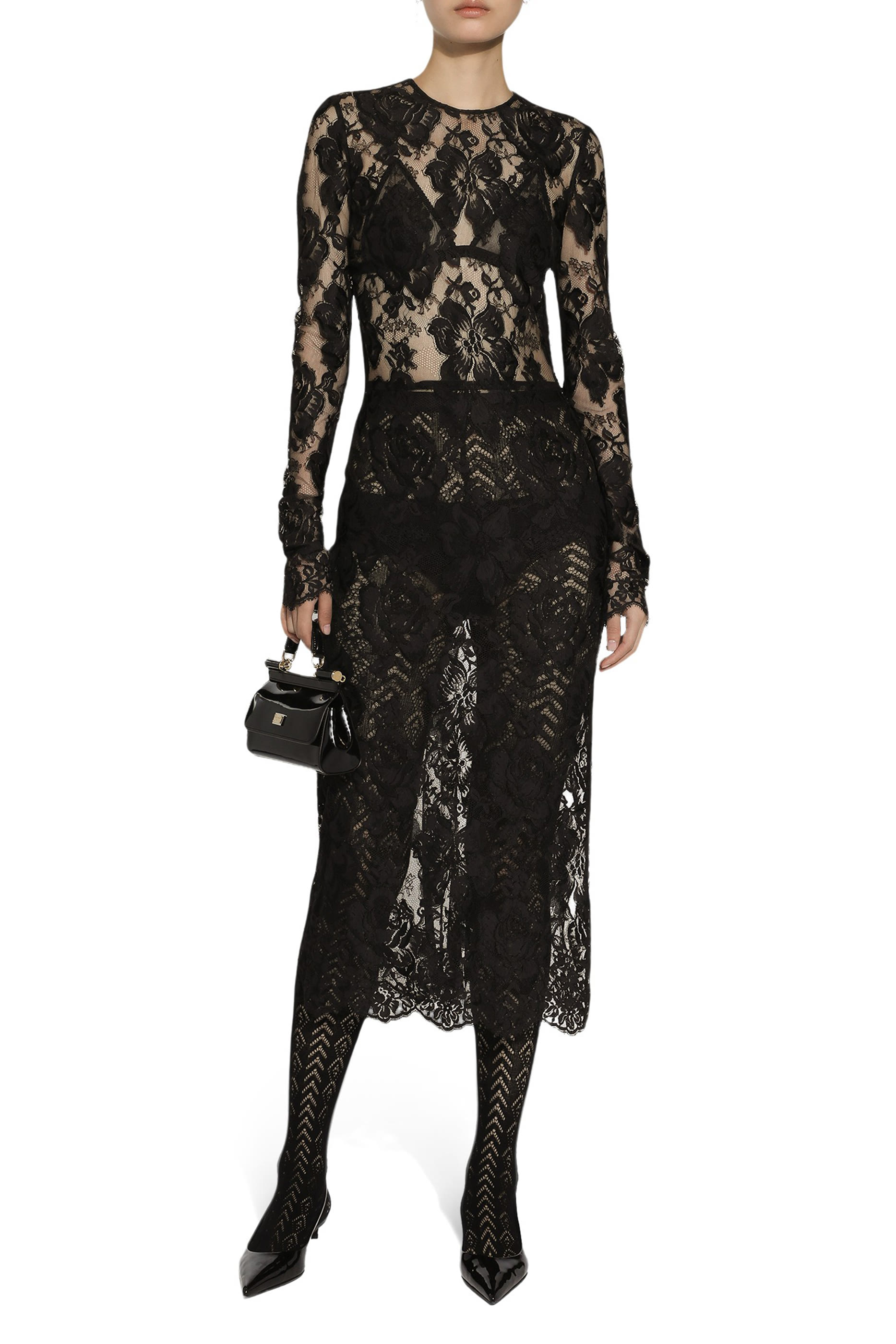 فستان متوسط الطول دانتيل بنقشة زهور