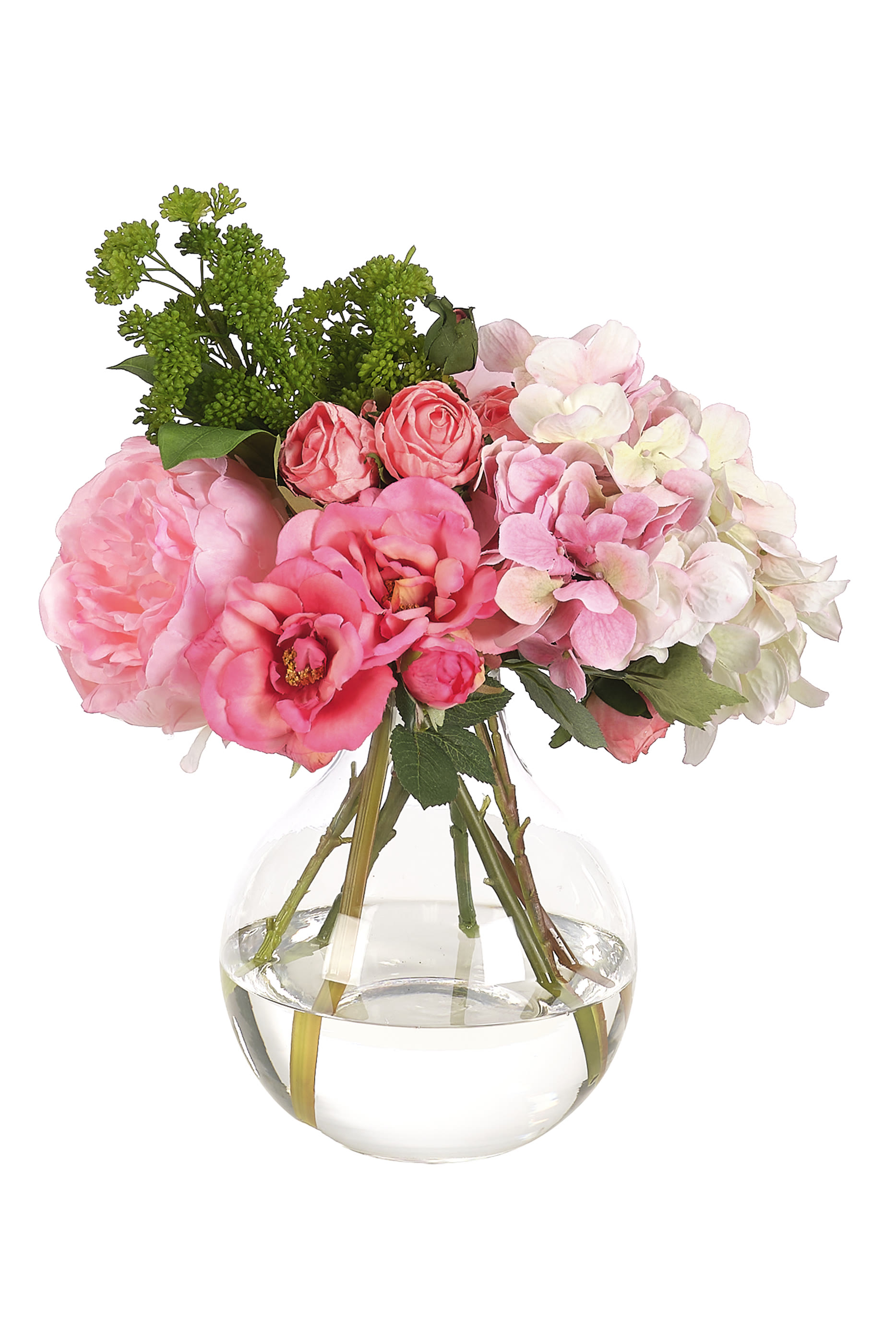 باقة زهور فاوانيا في مزهرية زجاجية كروية الشكل