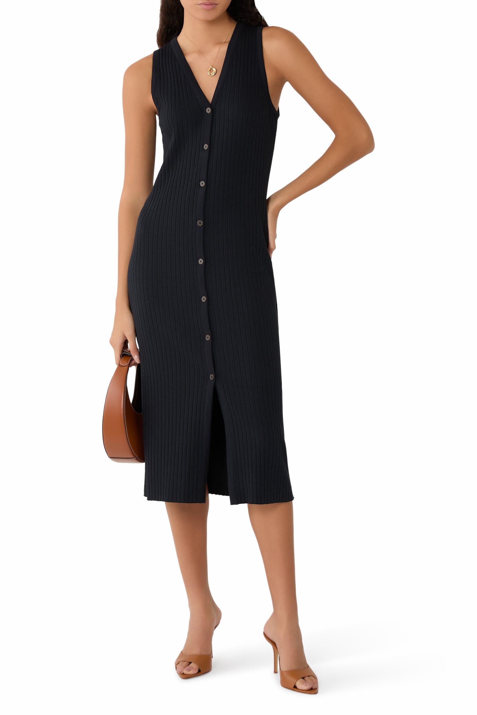 Ribbed Cotton-Blend Button-Front Dress