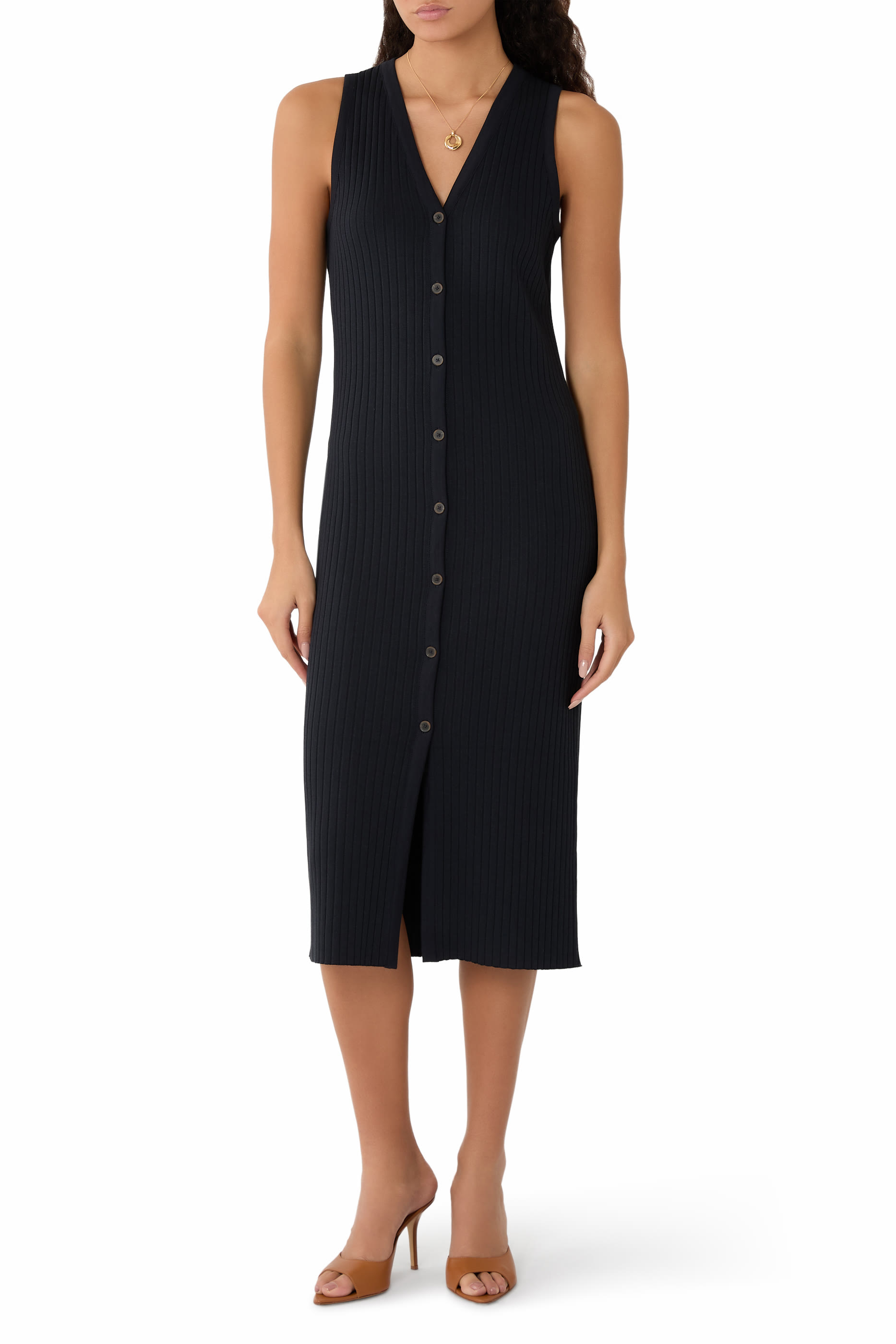 Ribbed Cotton-Blend Button-Front Dress